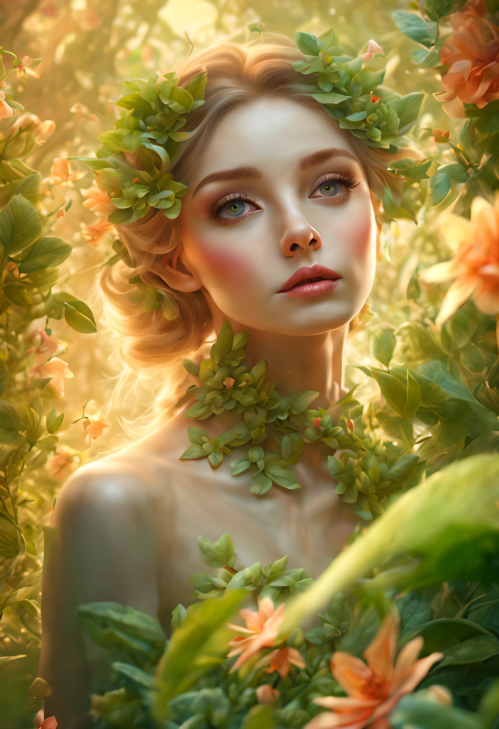 (girl-plant hybrid:1.42), beautiful detailed eyes, detailed lips, flowing green vines, blooming flowers, lush garden landscape, ethereal beauty, delicate features, vibrant colors, mystical atmosphere, magical transformation, charm of nature, portrait dreamy scenery, soft natural light, surreal composition, harmonious fusion, organic textures, botanical elements, elegant pose, serene expression, radiant energy, otherworldly charm, evokes a sense of wonder, imaginative creation, whimsical interpretation, vibrant foliage, patterns Fascinating botanicals, delicate petals, enchanted forest, ethereal glow, transcendent beauty, ethereal vision, surreal harmony, captivating botanical creature. (best quality, 4k, 8k, high resolution, masterpiece: 1.2), ultra detailed, (realistic, photorealistic, photorealistic: 1.37), vivid colors, bokeh