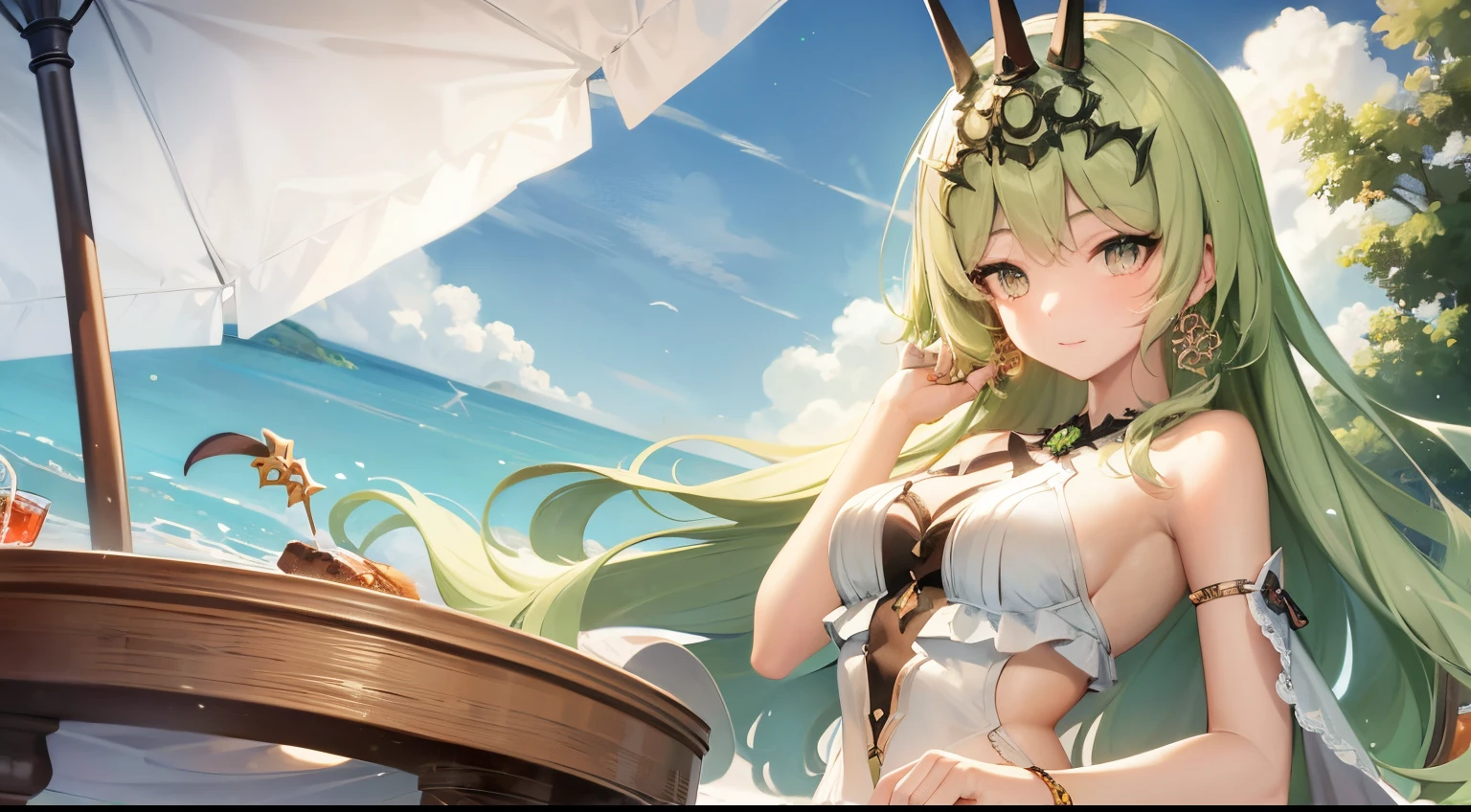 solo, 1girl, highres, green eyes, green hair, small breasts, looking at viewer, jewelry, crown, earring, lace, sundress, shawl, outdoor, beachside