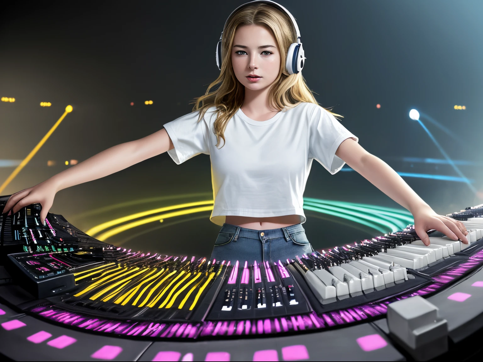 top quality 32k raw photo of 18-year-old Emily VanCamp wearing white T shirt and jeans skirt and headphone. navel look. she is on the disco stage playing keyboard. colorful lights,