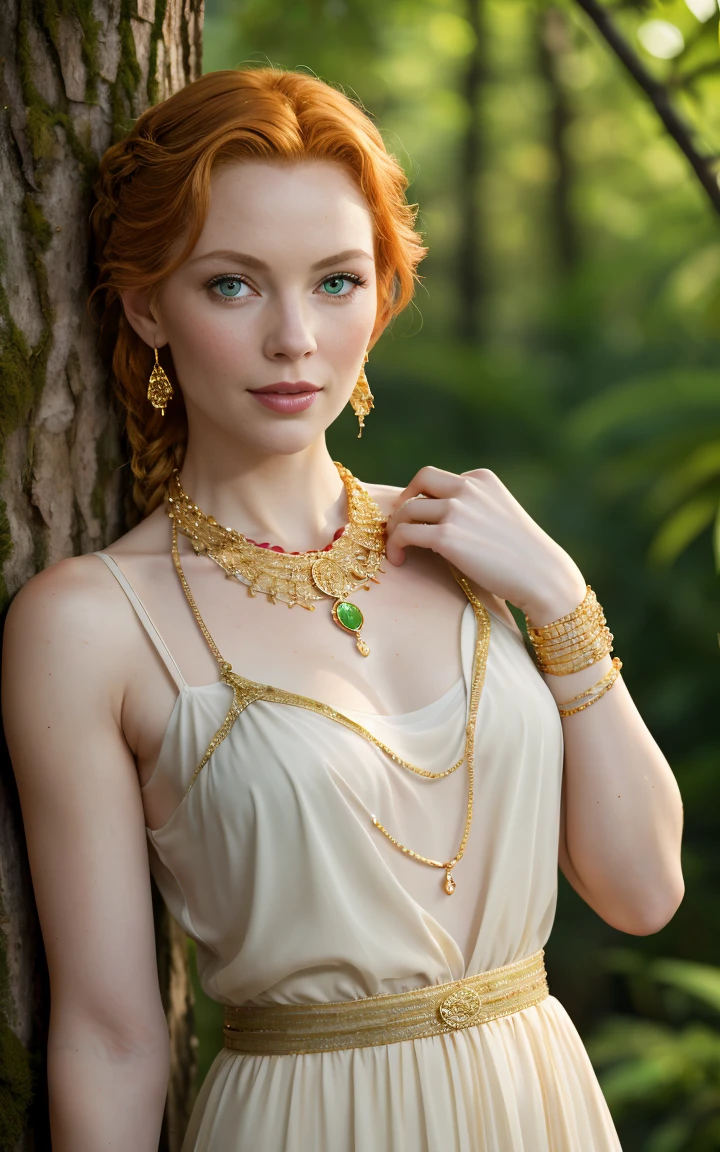 (Grace Kelly:Marilyn Monroe:0.5), A 35-year-old woman with ginger hair, high detail, face, high detail skin, detailed green eyes, one large braid, a gold necklace with a ruby pendant, dressed in a revealing white Greek tunic and Roman sandals, with gold bracelets on her arms, forest in the background, masterpiece, extremely high detail, cinematic lighting. backlight. shallow depth of field, bokeh, sharp focus, RAW photo