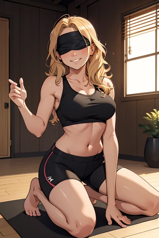 1girl, 1man, shiny skin, speedlines, perfect face, intricate details, size difference, living room, score_9, score_8_up, score_7_up, rating_explicit, source_anime, Colored, Tomboy, Dark-skinned female, adult, milf, short hair, shiny blonde hair, bob-cut, glowing green eyes, heavy blush,  large breasts, Hourglass figure, Athletic body, Slim-fit body, green lipstick, arm tattoo, black tank top, thong, short trunks, plain black choker, kneeling, ugly fat man, dark-skinned male, faceless male, massive penis, extremely long penis, erect penis, massive testicles, penis bulge under clothes