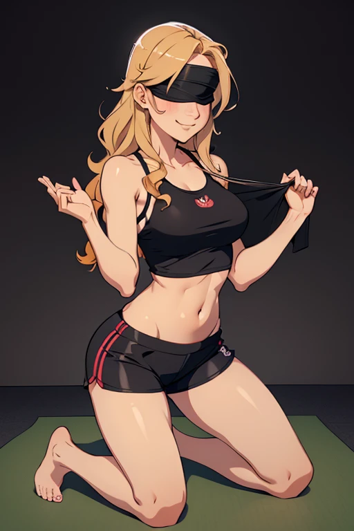A beautiful barefootwoman with short wavy strawberry-blonde hair, wearing black sports shorts and a black blindfold, kneeling on a yogamat, looking happy.