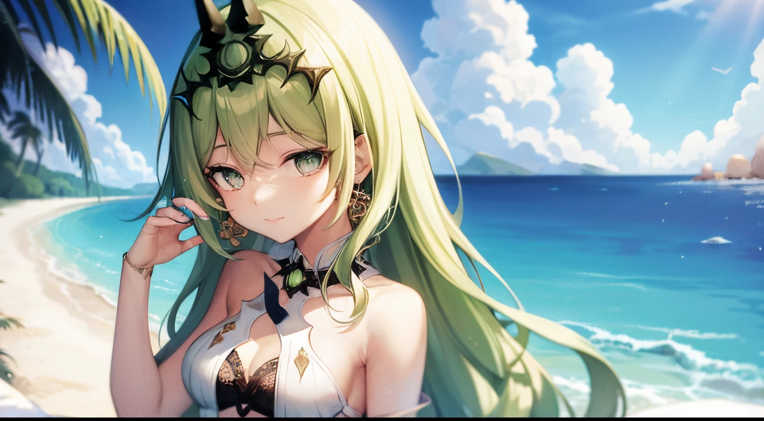 solo, 1girl, highres, green eyes, green hair, small breasts, looking at viewer, jewelry, crown, earring, lace, sundress, shawl, outdoor, beachside