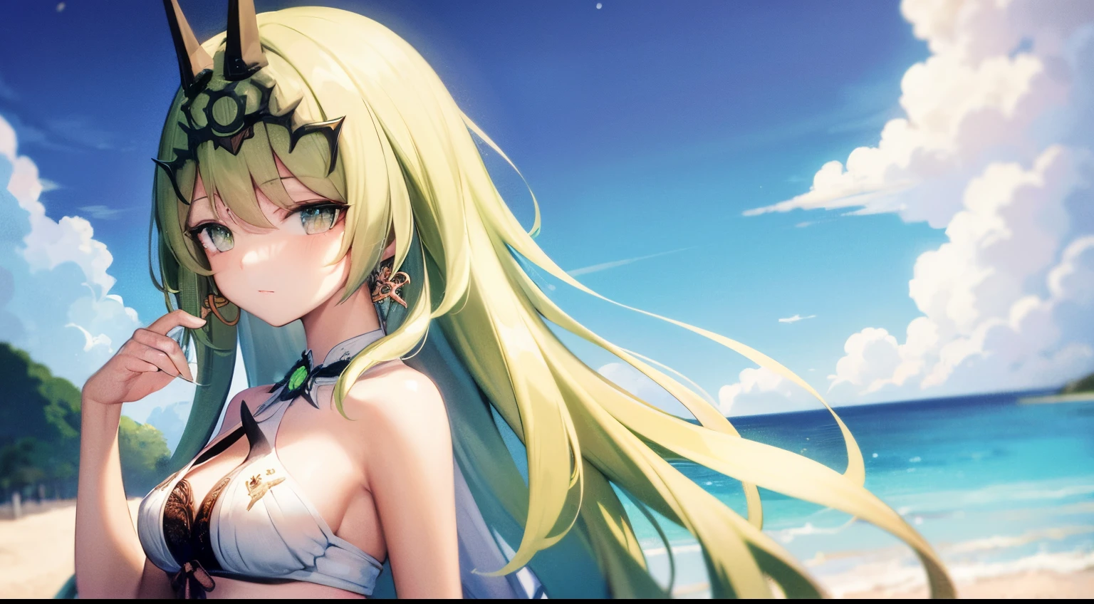 solo, 1girl, highres, green eyes, green hair, small breasts, looking at viewer, jewelry, crown, earring, lace, sundress, shawl, outdoor, beachside