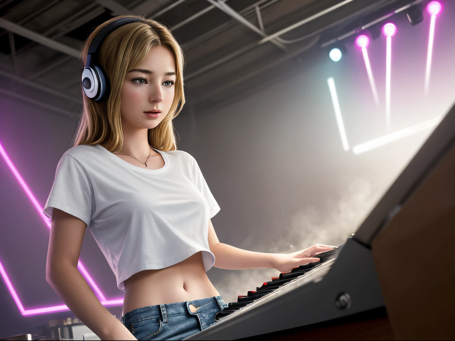 top quality 32k raw photo of 18-year-old Emily VanCamp wearing white T shirt and jeans skirt and headphone. navel look. she is on the disco stage playing keyboard. colorful lights,