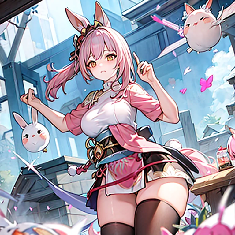 Pink hair, large breasts, Bunny ears, armor, samurai