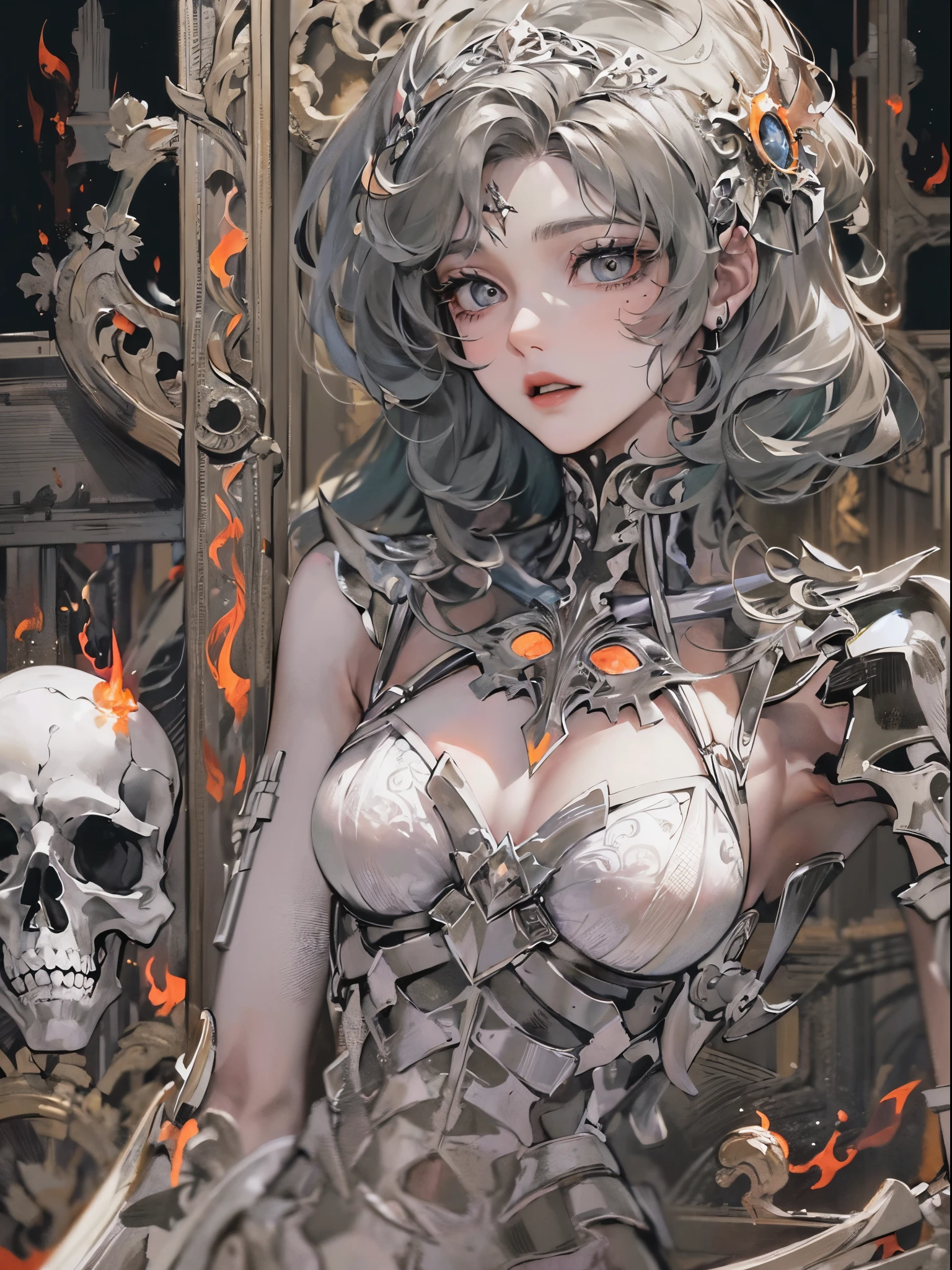 ((Finest quality)),(超A high resolution),(ultra-detailliert),(Meticulous portrayal),((Best Anime)),(Finest works of art),(Ultra-Precision Art),(The art of astounding depiction,Overwhelming depiction:1.5),(intricate and detailed art:1.6), (adult woman:1.5),(Hanging:1.6),Staring at this:1.4,sneering:1.5,(Armor shaped like a skeleton:1.3), (Black Flame:1.5)