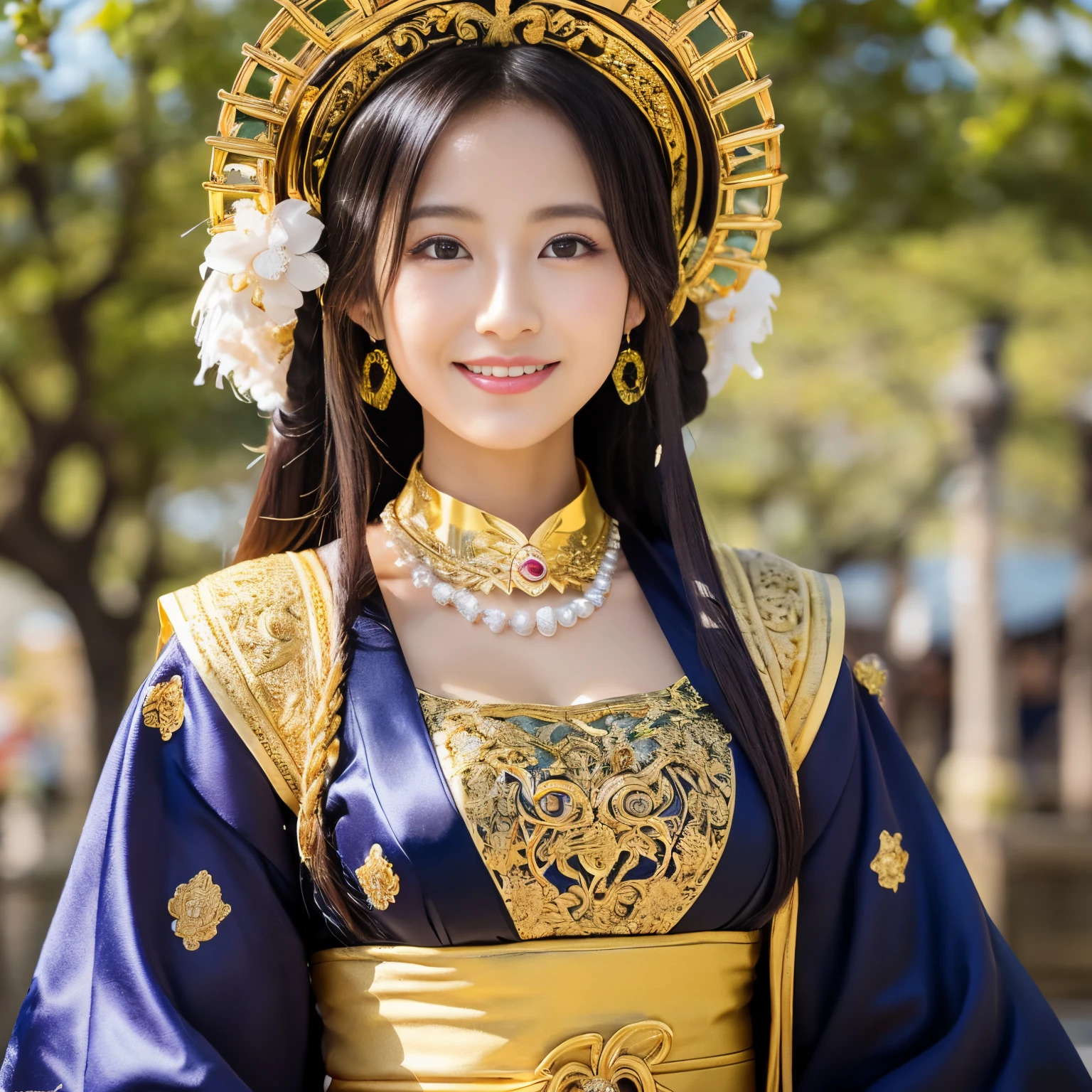 ((top-quality、masutepiece、8K、Top image quality))、classic japanese goddess、(Majestic goddess of classic Japanese mythology:1.3)、(The most luxurious and intricate goddess costumes:1.3)、(A perfect depiction of the classic Japanese mythological goddess:1.3)、(Classic Japanese mythology goddess:1.5)、Complete ancient Japanese atmosphere、View me、Elegant smile、The most beautiful goddesses、The most luxurious goddess costume、The most exclusive Japanese mythology costume、Intricate and classy beautiful background、the most gorgeous and beautiful goddess、Goddess upper body photo