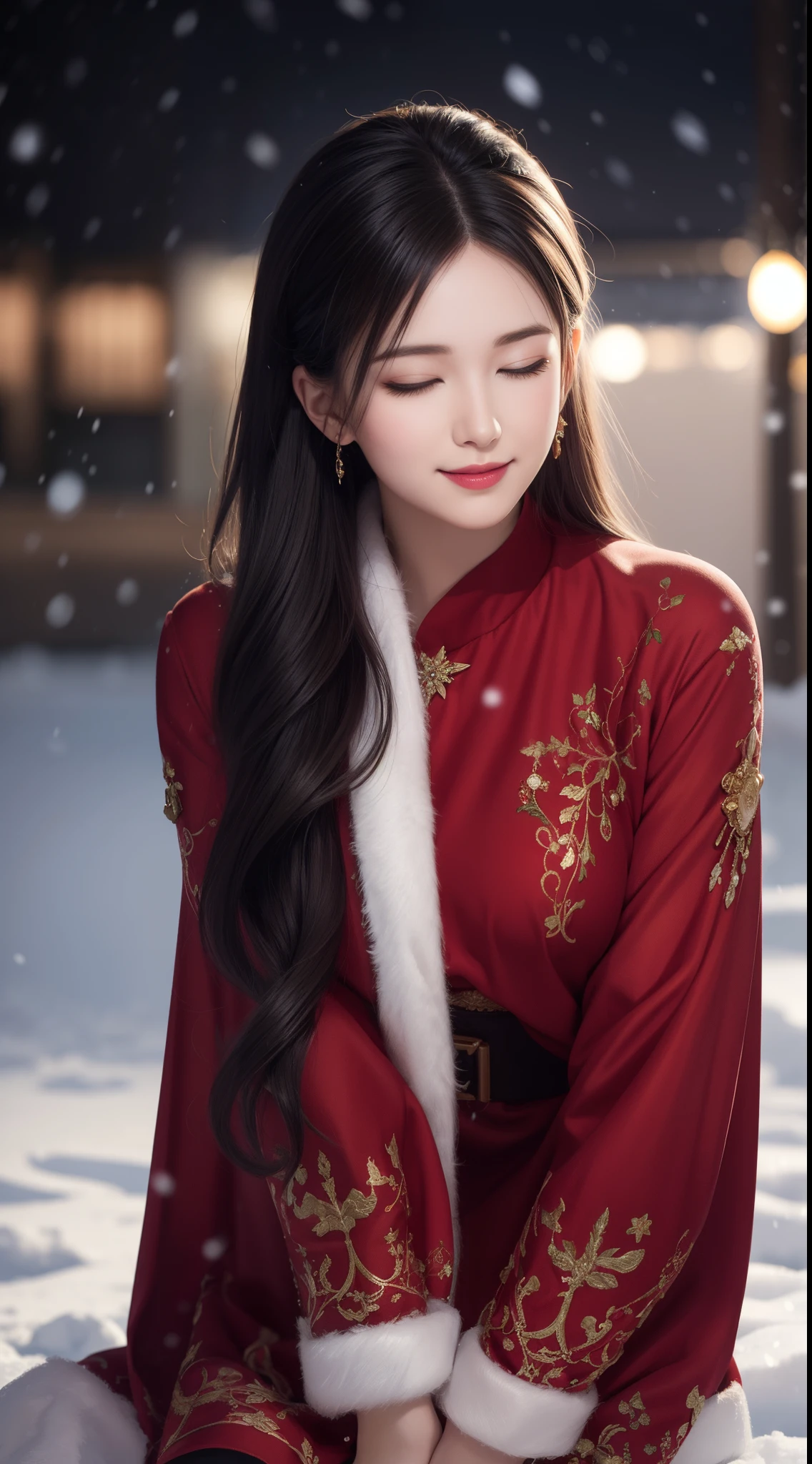 (Aesthetic, High resolution: 1.2), Full body portrait of a beautiful 20 year old woman wearing a red bobby Santa Claus costume with intricate details, symmetrical costume structure, clear eyes、with light glowing, Happy smile, changed hairstyle, It's snowing, Snow in the hair. Professional Photographer, minimalism, Concept art, intricate detailes, 8k post-production, High Definition, Super Detail, Trending on ArtStation, Sharp Focus, artistic dark studio photo , intricate detailes, high detailing, By Greg Rutkowski, low illuminance, Professional light and dark art, Vivid colors. Outdoor winter scene with snow falling in the evening, A slight smile, true art, Various hairstyles and color changes, Passionate mood, fascinated expression, Sexy lips, Wet lips , Seductive closed eyes, Seductive appearance, suggestive attitude.