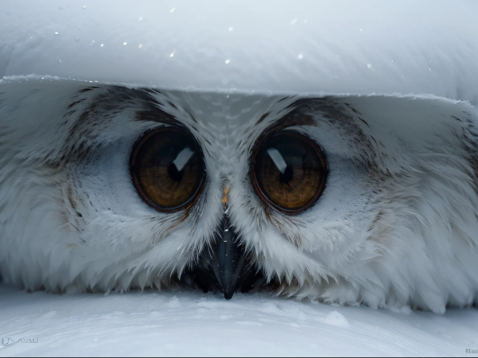 wide angle, (best quality,8k ultra-detailed,cinematic shot,masterpiece:1.3,sharp focus:1.5,photorealistic:1.3), snow cold ambience, snow owl, alert, sharp eyes