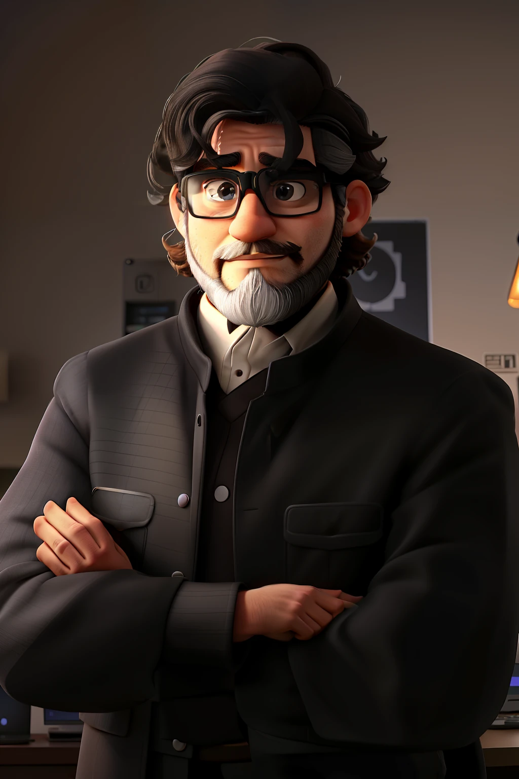 A smart adult stands in front, Wearing super tech glasses, big beard, There are some gray hairs on his beard and hair, illuminated by lamplight, In the context of matrix computer code