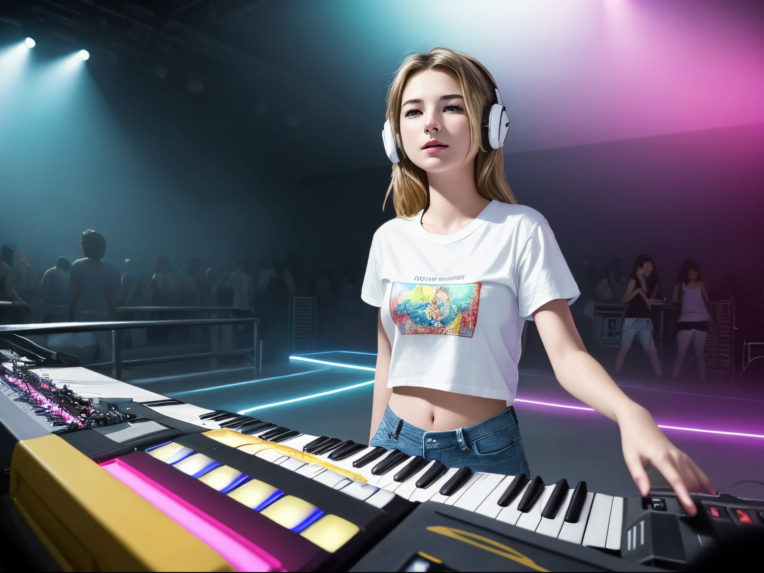 top quality 32k raw photo of 18-year-old Emily VanCamp wearing white T shirt and jeans skirt and headphone. navel look. she is on the disco stage playing keyboard. colorful lights,