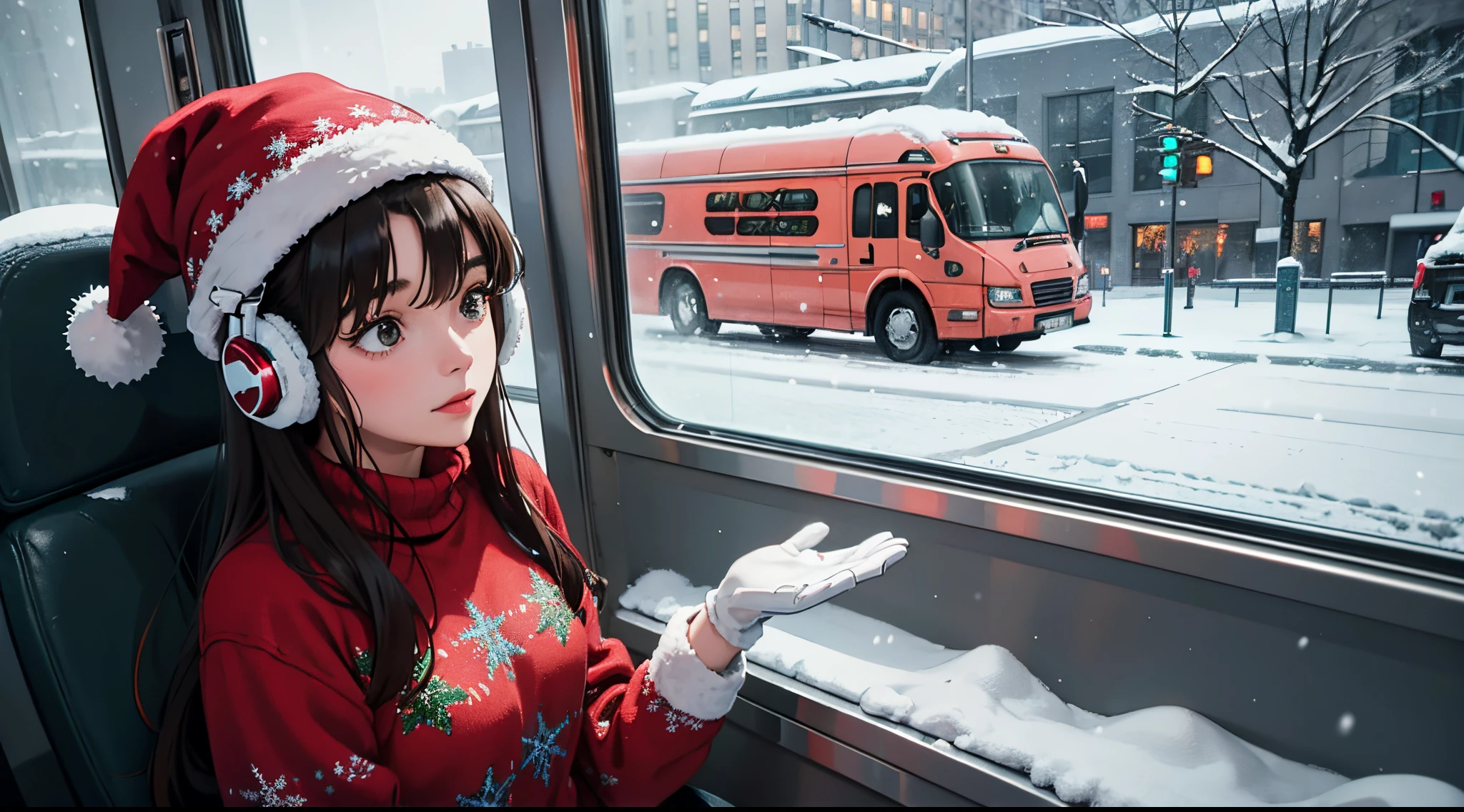 lofi relaxed one brunette girl with headphones drives inside bus, looks through window, head glued to window. winter night, it's snowing a lot. beautiful winter landscape of New York Rockefeller Center with huge (Christmas trees). travel. tourist. christmas sweater, gloves, winter hat. long hair. cold breath.