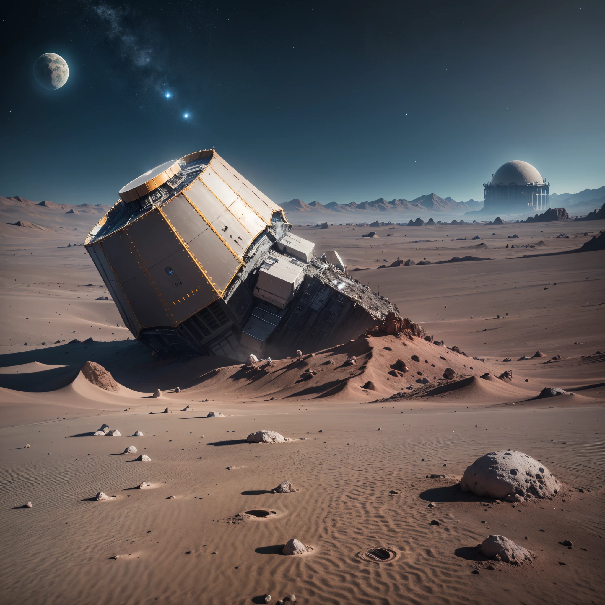 An alien spaceship is crashing on the moon surface, Earth background, 4k, pay attention of details --auto --s2