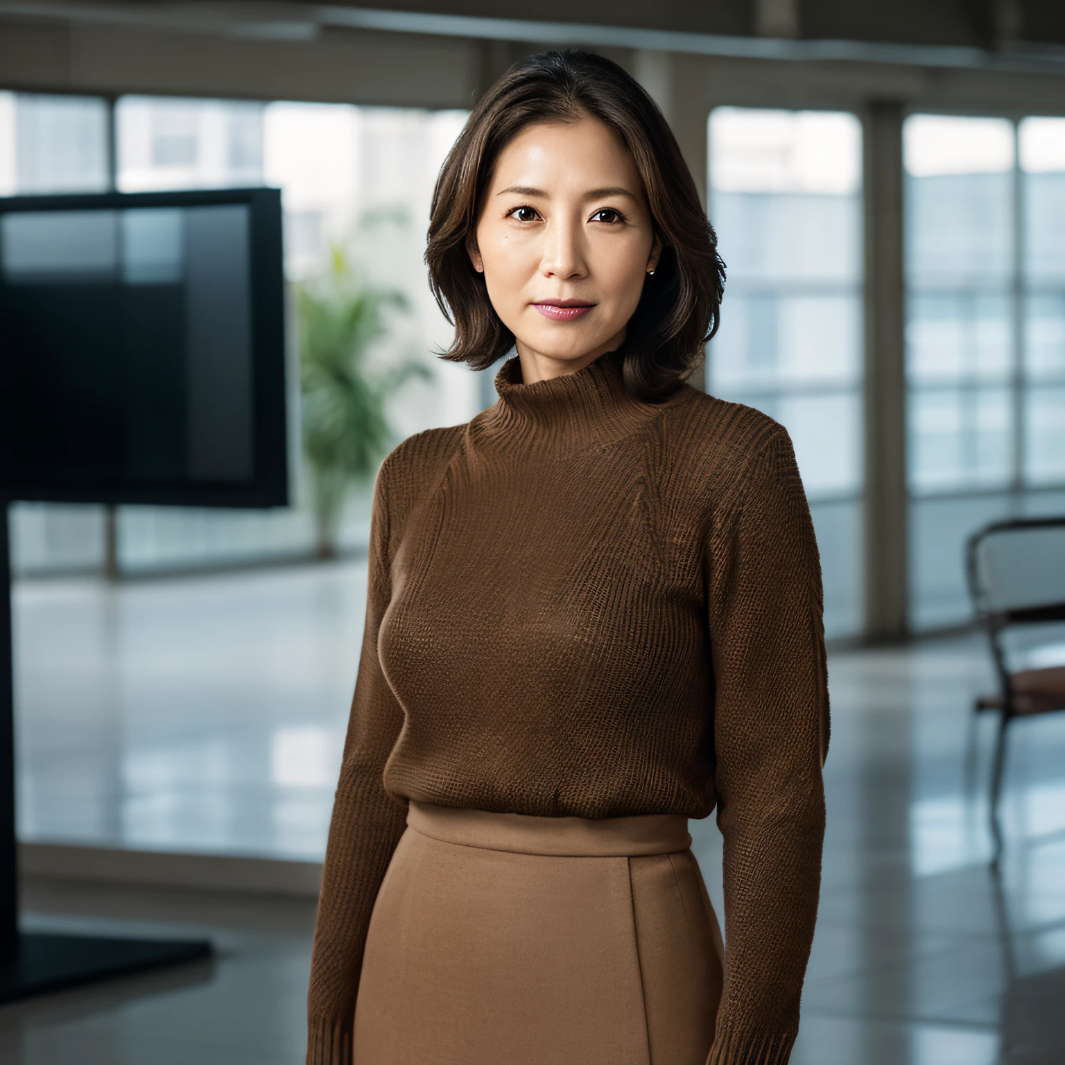 school hallway, Textured skin, japanese mature, 49 years old, governess, chubby figure, 独奏,  ((Wrinkles on the face)), Female sexy, Detailed face, beautidful eyes, bangss, large full breasts, Straight light brown hair that reaches to the shoulders, Faint lips, (((Stand upright, facing the center of the screen.))), he closes his mouth、Staring straight ahead with a tired expression., Sweaters, skirt by the, hight resolution, high-level image quality, high detailing, Textured skin, tre anatomically correct, sharp, fully body photo, ((Composition from thighs to top of head))),