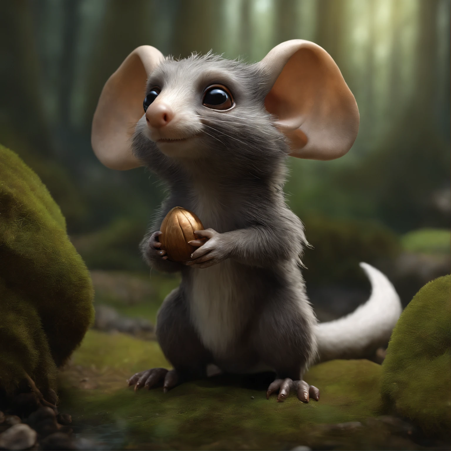 Try again, (CBZBB:1.25), ((gremlin),Zhkute, , Beautiful, Fantasy art, deviant art, trending artstation, Digital Art, Detailed, Realistic, humanoid, character, tiny, Cinematic shot, cinematic portrait of a mole     ,gremlin, mole-like, bright silver and brown, long tail, large ears, covered with silver fur, water, stands on the shore, Best Quality, Masterpiece, in style of dark fantasy art, gremlin, mole-like, bright silver and brown, long tail, double nose, huge ears, covered with silver fur,tousled, five toes on each paw, holding a huge acorn in his paws, I&#39;m standing in a forest clearing under the foliage of bast., acorns lie in the clearing, acorns glow, Crickets fly, Best Quality, Masterpiece, in style of dark fantasy art, fantasy-inspired, in the style of John Tolkien,