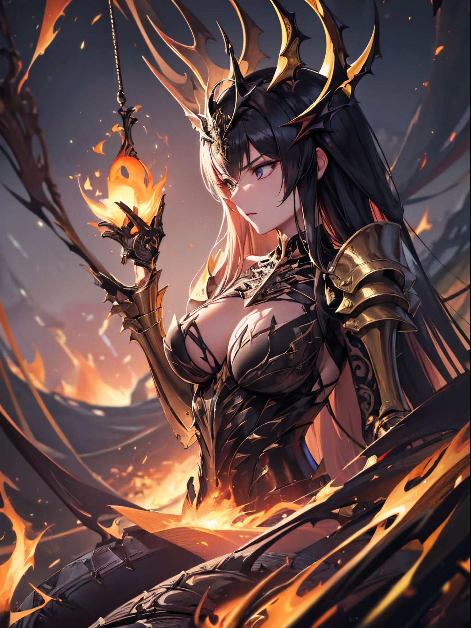 ((Finest quality)),(超A high resolution),(ultra-detailliert),(Meticulous portrayal),((Best Anime)),(Finest works of art),(Ultra-Precision Art),(The art of astounding depiction,Overwhelming depiction:1.5),(intricate and detailed art:1.6), (adult woman:1.5),(Hanging:1.6),Staring at this:1.4,sneering:1.5,(Armor shaped like a skeleton:1.3), (Black Flame:1.5)