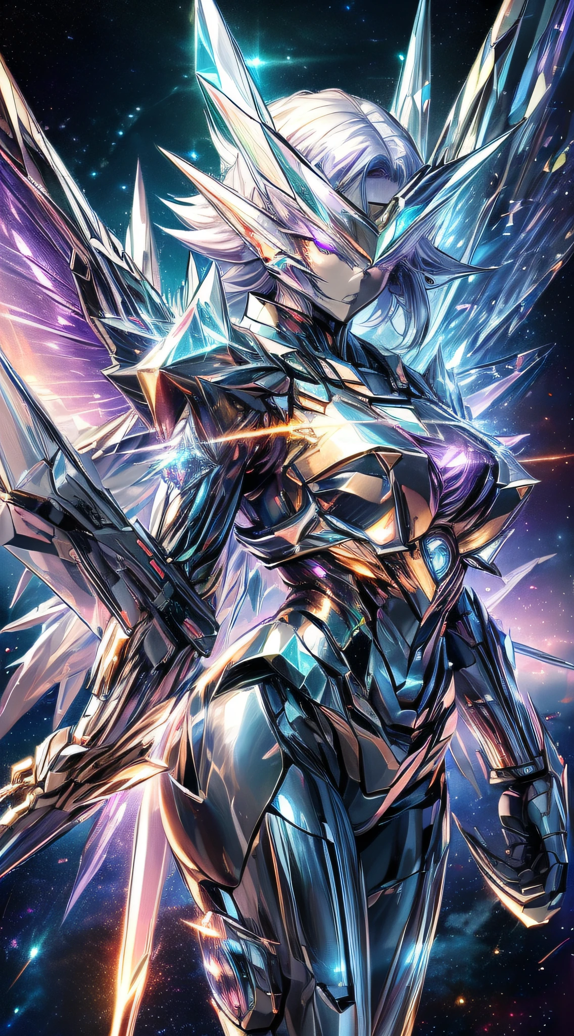 top-quality、Top image quality、masterpiece、girl with((black glowing airplane、glowing mechanic suit、18year old、 ager、cute little、Best Bust、big bast,Beautiful shining purple eyes、Breasts wide open, white hair、Longhaire、A slender,Large valleys、belligerent movements,sharp claws、double arm beam rifle、Crystal visor on the right eye、Bright wings、fight)),hiquality、Beautiful Art、Background with((Space Battlefield)))、,masutepiece、depth of fields,Cinematic style