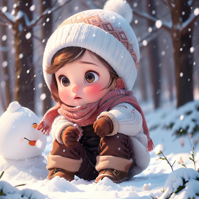 1girl, snow, solo, gloves, brown hair, winter clothes, boots, hat, snowing, coat, brown eyes, scarf, winter, fur trim, blush