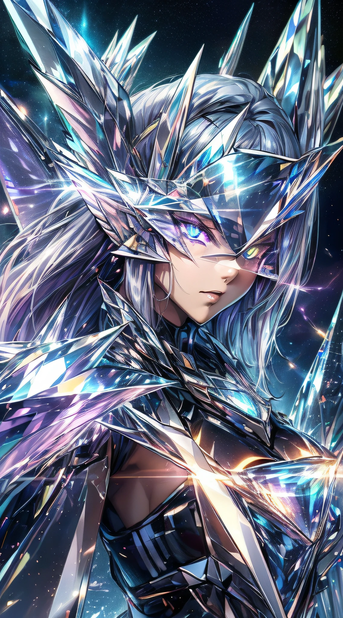top-quality、Top image quality、masterpiece、girl with((black glowing airplane、glowing mechanic suit、18year old、teen ager、cute little、Best Bust、big bast,Beautiful shining purple eyes、Breasts wide open, white hair、Longhaire、A slender,Large valleys、belligerent movements,sharp claws、double arm beam rifle、Crystal visor on the right eye、Bright wings、fight)),hiquality、Beautiful Art、Background with((Space Battlefield)))、,masutepiece、depth of fields,Cinematic style
