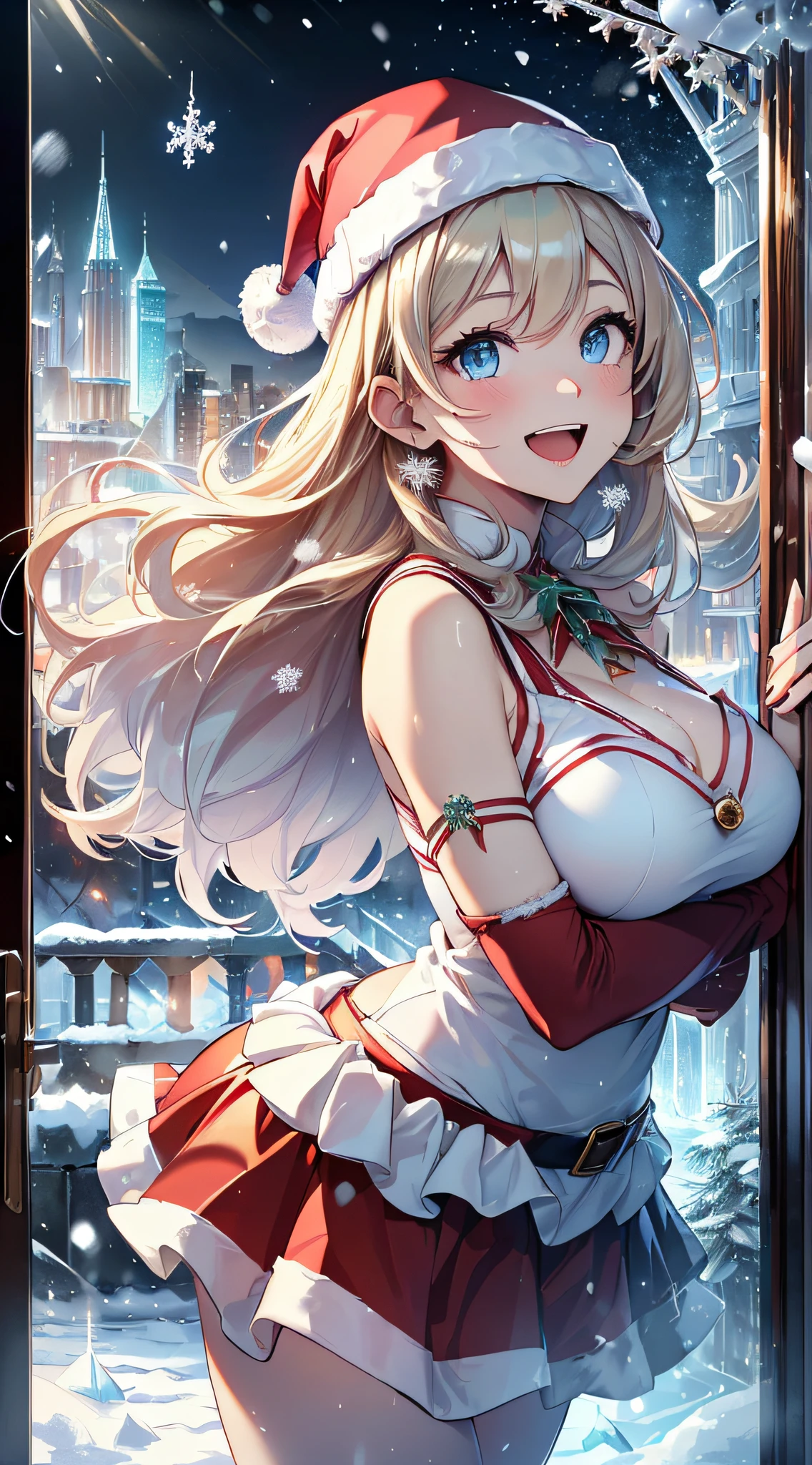 top-quality、Top image quality、masterpiece、teens girl((metallic red santa costume、santa style short skirt、santa style tank top、、teen ager、Best Buast,Beautiful light blue eyes、Breasts wide open, a blond、A slender,Large valleys、dye one's cheeks red、Leaning forward、White breath、Reflecting the whole body、Laugh、Put your hands forward)),hiquality、Beautiful Art、Background with((crystal city at night、snowflakes falling、Heavy snow falls、snowman、ice tower model)))、masutepiece、depth of fields,