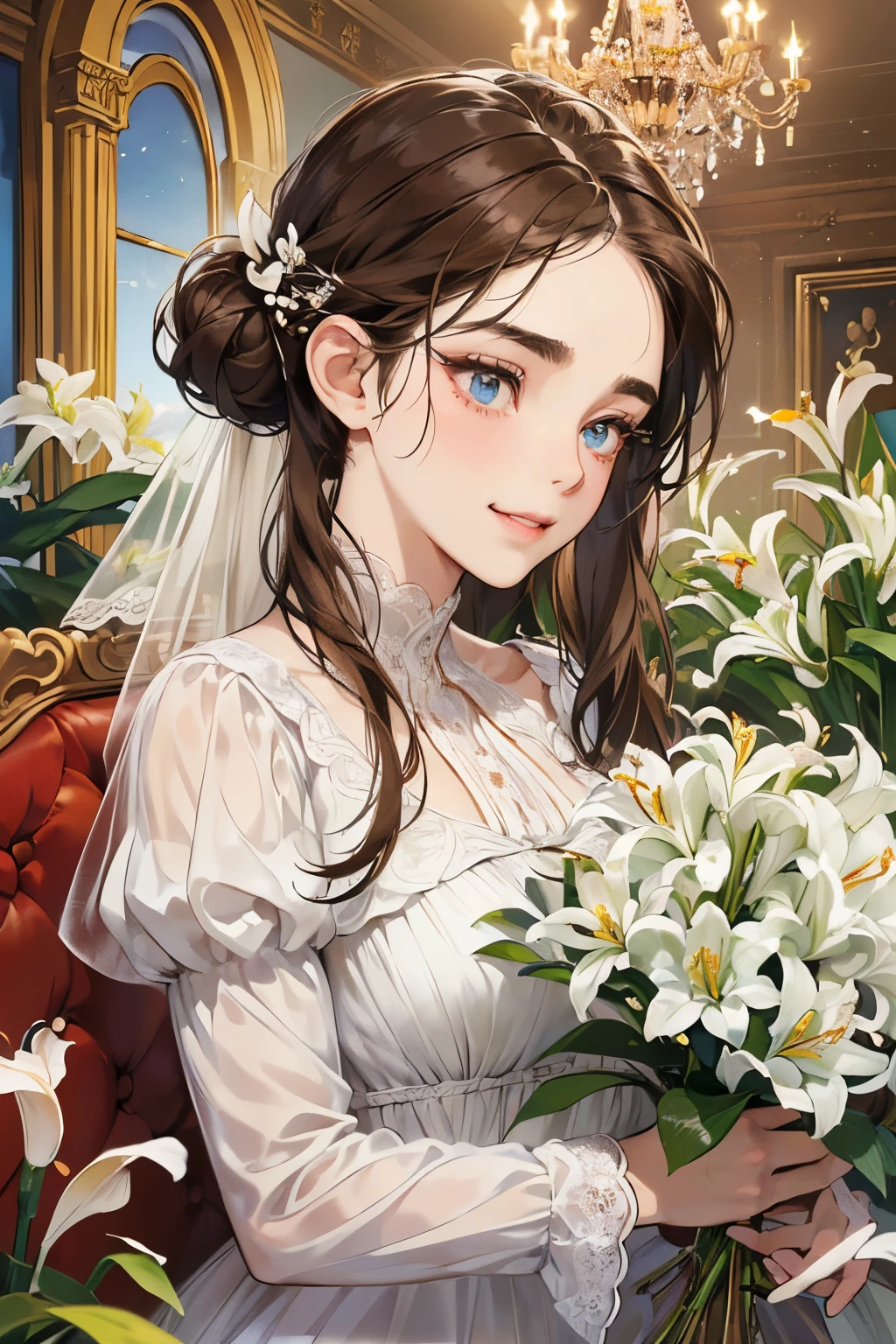 (masutepiece, Digital Art, Digital Illustration, 4K, 8K, Ultra-detailed, beautiful image, Sharp Image, Photorealistic, Raw photo, Perfect face, Perfect lines, Perfect eyes, Soft lighting) 1 woman, (lightbrown hair,Chignon Hair,Innocent look,drooping eyebrows,drooing eyes,with round face,Round jaws、Innocence,cute little,big eye,natural make up,kindly smile,E-cup,23 y-o woman:1.3),Two handsome men in suits, (ember,Men in suits,well-muscled,Firm shoulder width,Adult male,Boyish hairstyle,Man in his 30s with a cool expression,28-year-old man with bright smile:1.2),Antique furnishings,Antique Clamps,Antique chair,chandeliers,Crystal Glass,Luxury,fantastical light,Marble fireplace,(embarrassed from,Shy smile,Bouquet of white lilies:1.2),Antique sofa,Leather sofa,the kiss、kiss、a couple、couple kissing、Romance、Pure white dress、Wedding、Kiss of vows