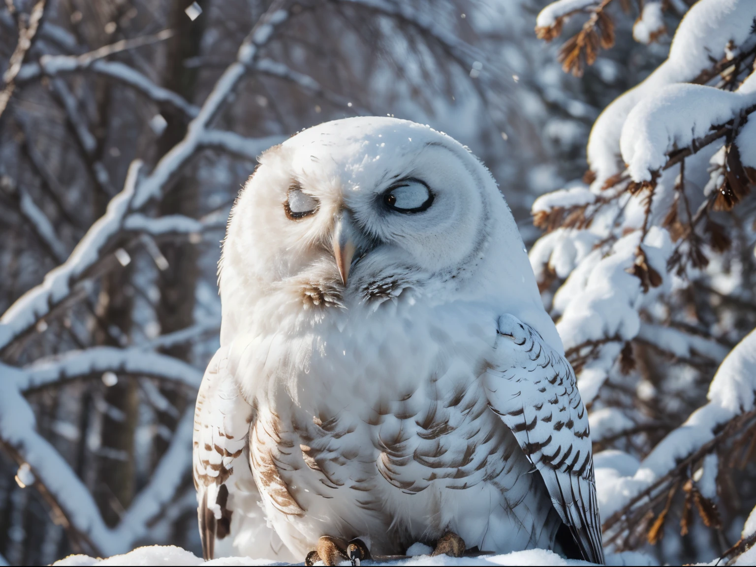 wide angle, (best quality,8k ultra-detailed,cinematic shot,masterpiece:1.3,sharp focus:1.5,photorealistic:1.3), snow cold ambience, snow owl, eyes closed, relax on tree