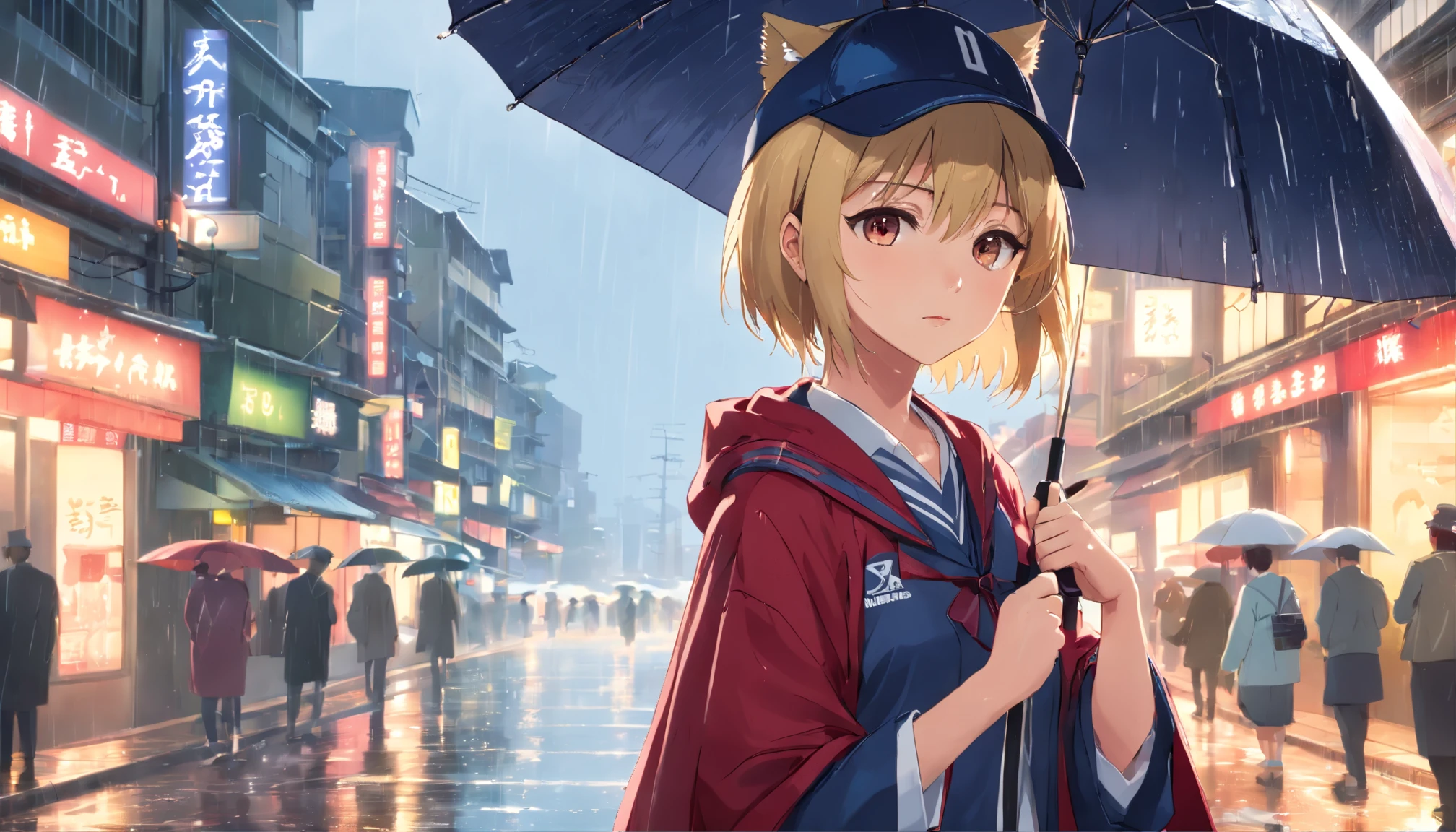 (Highly detailed CG Unity 16k wallpaper:1.1), (Denoising strength: 1.45), (tmasterpiece:1.37), (Kowloon Walled City), (((Extremely detailed))), ((Ultra-detailed)), flowing, utility pole, Solo, ((Cat's ears、Put on a red cloak:1.3))、((Uniforms are printed with "eagles":1.3))、(( no sleeves, Wine Red Baseball Uniforms, Wine Red Baseball Cap:1.2)), ultra-sharp, BREAK, Japan schoolgirl model, 1girl in, (blondehair, Short hair, Bangs), Blue eyes,, Vunematic lighting, vests, (Delicate face)(Rain), (Girl with umbrella), grey sky, lonely, (city), Beautiful detailed eyes, Detailed wet clothes, blank stare, Dynamic Angle, umbrellas, deadpan, Wet, backstreet, swirls, ((Illustration)), god rays, spark of light, Glowing light, ((masutepiece)), (((Best Quality)))