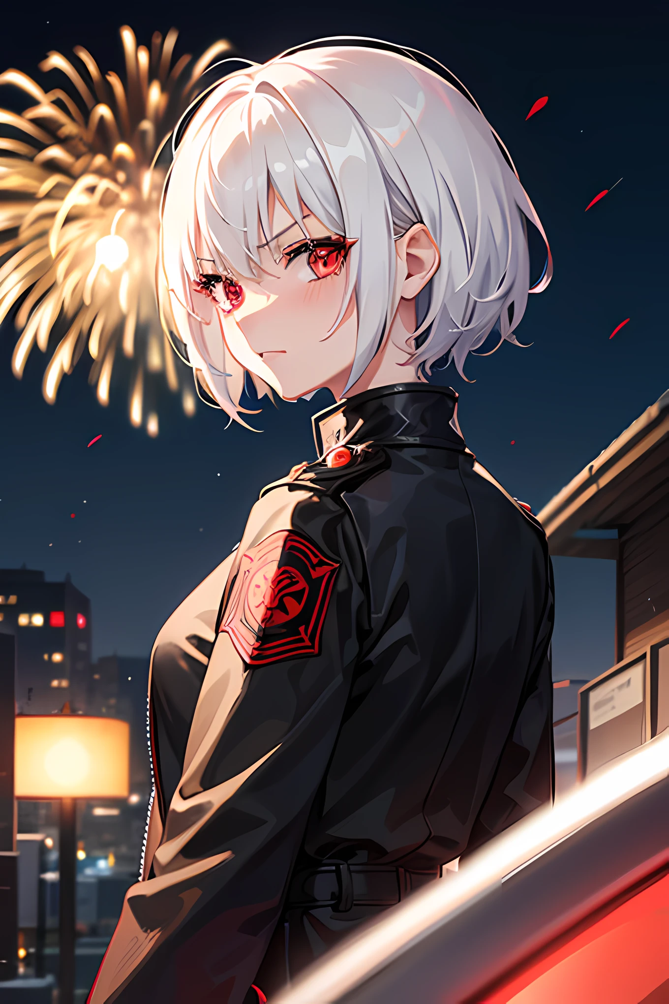 1girl, short white hair, red eyes, looking at viewer from behind, wearing black jacket, angry, blushing, against the light, shoulders exposed, fireworks, ultrasharp, high quality, 8k