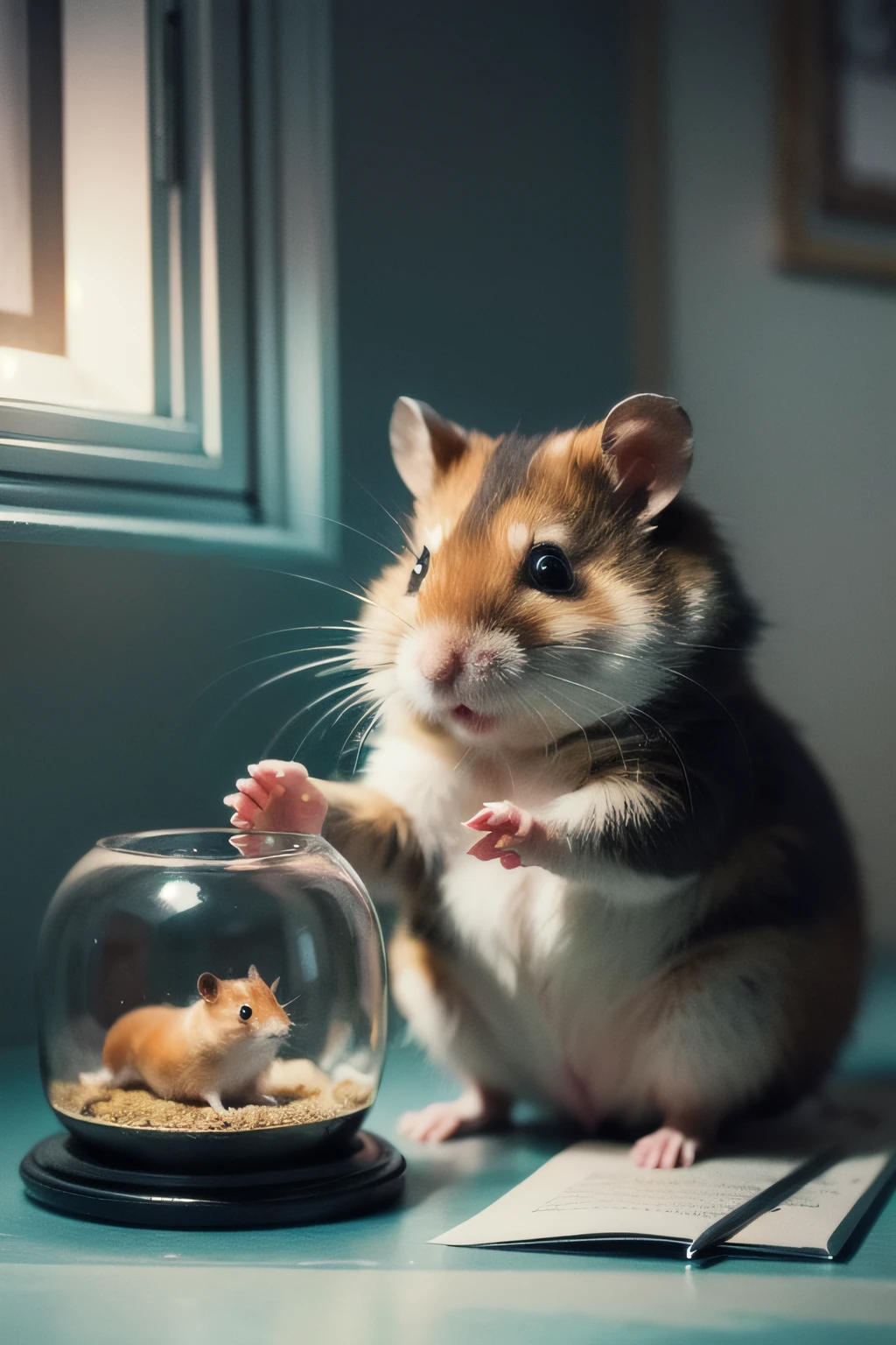 hand held hamster, Illustration of one hamster, hyperrealistic illustrations, hyperrealistic illustrations, hyperrealistic illustrations, hamster. Realistic painting, surreal illustration, Award-winning surreal work,