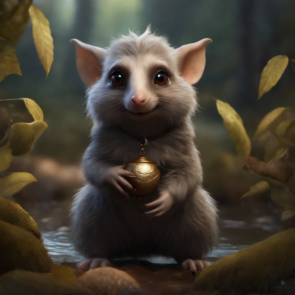 (CBZBB:1.25), ((gremlin),Zhkute, Small, baby, Beautiful, Fantasy art, deviant art, trending artstation, Digital Art, Detailed, Realistic, humanoid, character, tiny, Cinematic shot, cinematic portrait of a mole ,gremlin, mole-like, bright silver and brown, long tail, large ears, covered with silver fur, water, walks along the shore, Best Quality, Masterpiece, in style of dark fantasy art, gremlin, mole-like, bright silver and brown, long tail, double nose, huge ears, covered with silver fur,tousled, five toes on each paw, holding a huge glowing acorn in his paws, I'm standing in a forest clearing under the foliage of bast., acorns lie in the clearing, acorns glow, Crickets fly, Best Quality, Masterpiece, in style of dark fantasy art, fantasy-inspired, in the style of John Tolkien,