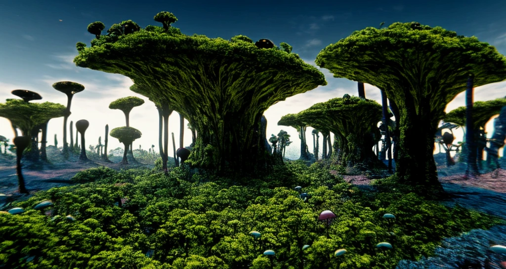 there are many plants that are growing on the ground, deep mandelbulb landscape, an alien landscape, alien forest in background, an alien landscape view, alien landscape, lush alien landscape, beautiful alien landscape, 4d mandelbulb psychedelics, surreal alien kingdom, alien dream worlds, dystopian alien landscape, amazing alien landscape, stunning alien landscape, rich diverse lush alien world