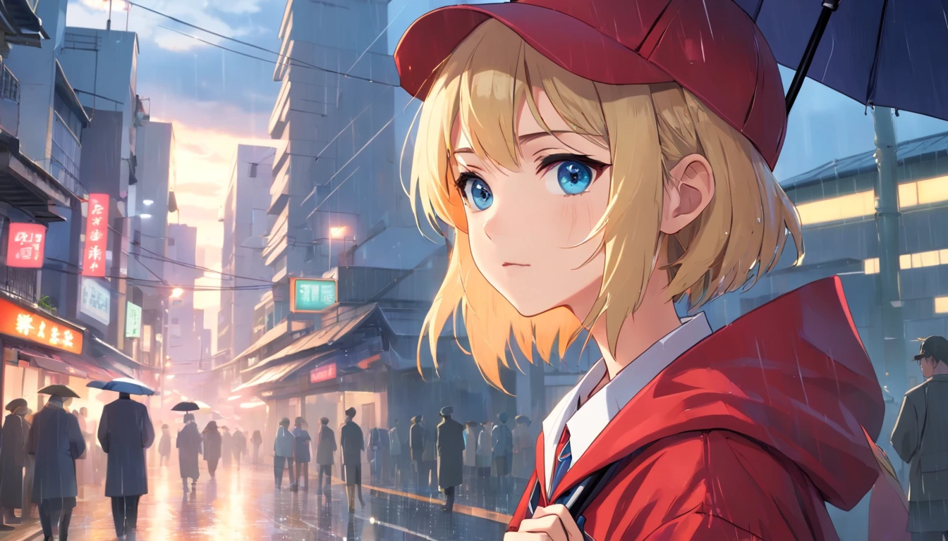 (Highly detailed CG Unity 16k wallpaper:1.1), (Denoising strength: 1.45), (tmasterpiece:1.37), (Kowloon Walled City), (((Extremely detailed))), ((Ultra-detailed)), flowing, utility pole, Solo, ((Cat's ears、Put on a red cloak:1.3))、((Uniforms are printed with "eagles":1.3))、(( no sleeves, Wine Red Baseball Uniforms, Wine Red Baseball Cap:1.2)), ultra-sharp, BREAK, Japan schoolgirl model, 1girl in, (blondehair, Short hair, Bangs), Blue eyes,, Vunematic lighting, vests, (Delicate face)(Rain), (Girl with umbrella), grey sky, lonely, (city), Beautiful detailed eyes, Detailed wet clothes, blank stare, Dynamic Angle, umbrellas, deadpan, Wet, backstreet, swirls, ((Illustration)), god rays, spark of light, Glowing light, ((masutepiece)), (((Best Quality)))