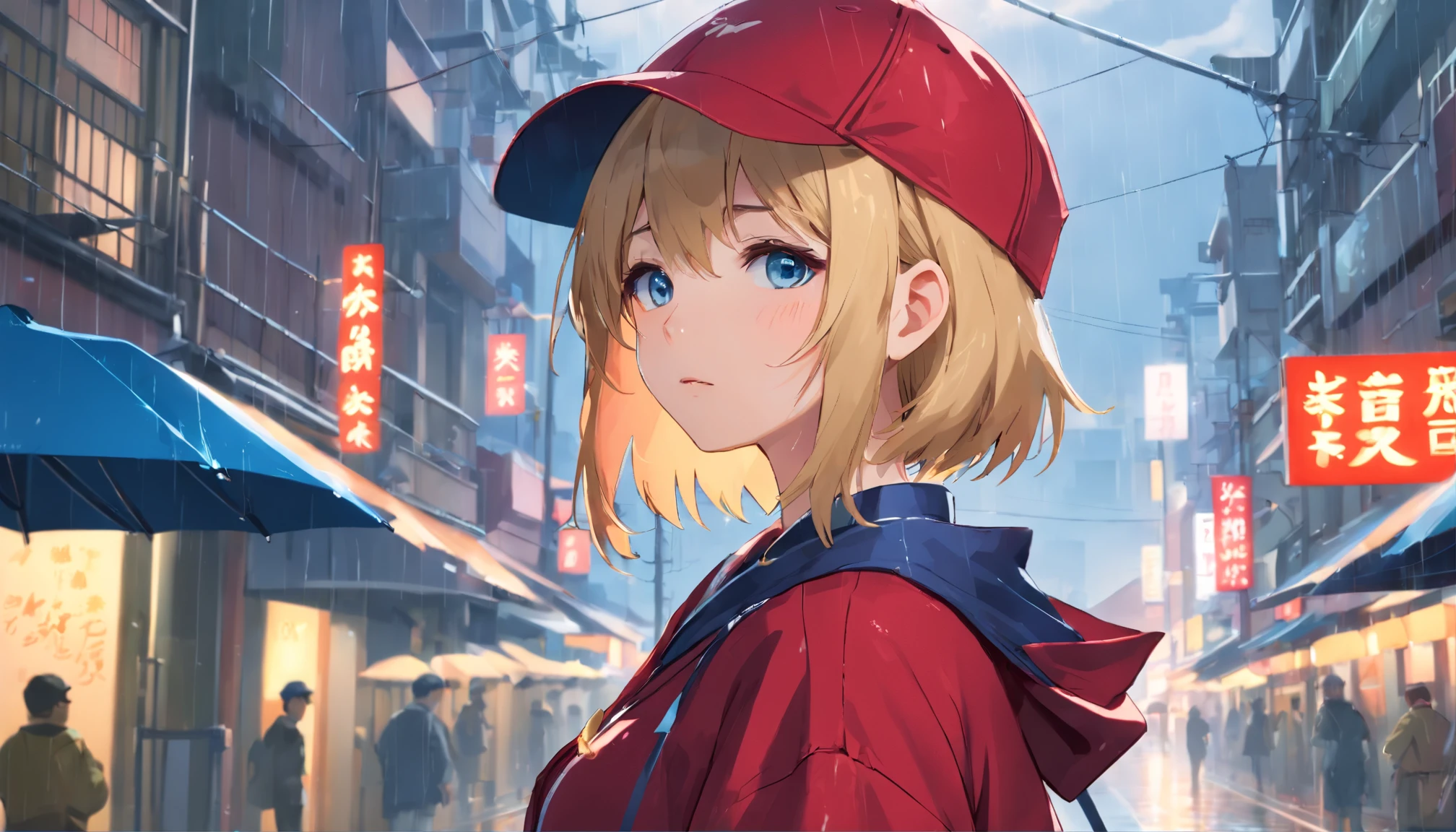 (Highly detailed CG Unity 16k wallpaper:1.1), (Denoising strength: 1.45), (tmasterpiece:1.37), (Kowloon Walled City), (((Extremely detailed))), ((Ultra-detailed)), flowing, utility pole, Solo, ((Cat's ears、Put on a red cloak:1.3))、((Uniforms are printed with "eagles":1.3))、(( no sleeves, Wine Red Baseball Uniforms, Wine Red Baseball Cap:1.2)), ultra-sharp, BREAK, Japan schoolgirl model, 1girl in, (blondehair, Short hair, Bangs), Blue eyes,, Vunematic lighting, vests, (Delicate face)(Rain), (Girl with umbrella), grey sky, lonely, (city), Beautiful detailed eyes, Detailed wet clothes, blank stare, Dynamic Angle, umbrellas, deadpan, Wet, backstreet, swirls, ((Illustration)), god rays, spark of light, Glowing light, ((masutepiece)), (((Best Quality)))