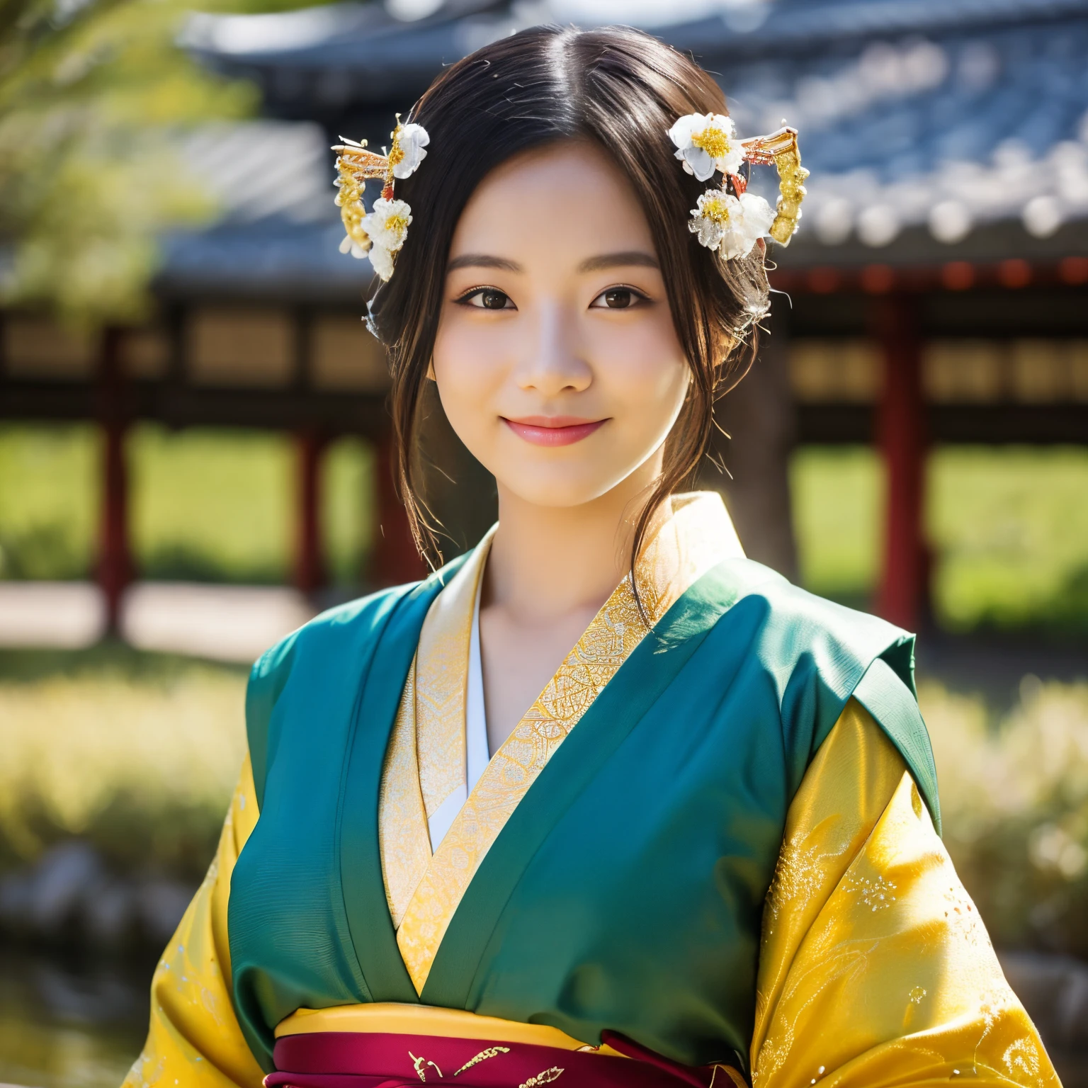 ((top-quality、masutepiece、8K、Top image quality))、classic japanese goddess、(Majestic goddess of classic Japanese mythology:1.3)、(The most beautiful and intricate goddess costume:1.3)、(A perfect depiction of the classic Japanese mythological goddess:1.3)、(Classic Japanese mythology goddess:1.5)、Complete ancient Japanese atmosphere、View me、Elegant smile、The most beautiful goddesses、The most beautiful goddesses、Goddess upper body photo、(Perfectly recreates the atmosphere of Japanese mythology:1.3)