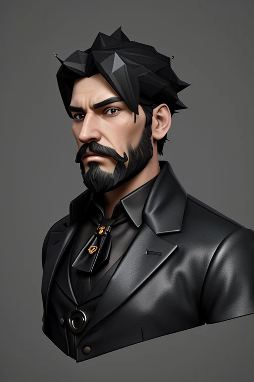 full profile of character of a black haired man, highly detailed character, Stylized palette, 3 d render stylized, character render, stylized 3d render, stylized as a 3d render, low poly character, steampunk Victorian style character, anime styled 3d, stylized character, Anime Stylization, Male protagonist, black beard, tall and thin, long coat