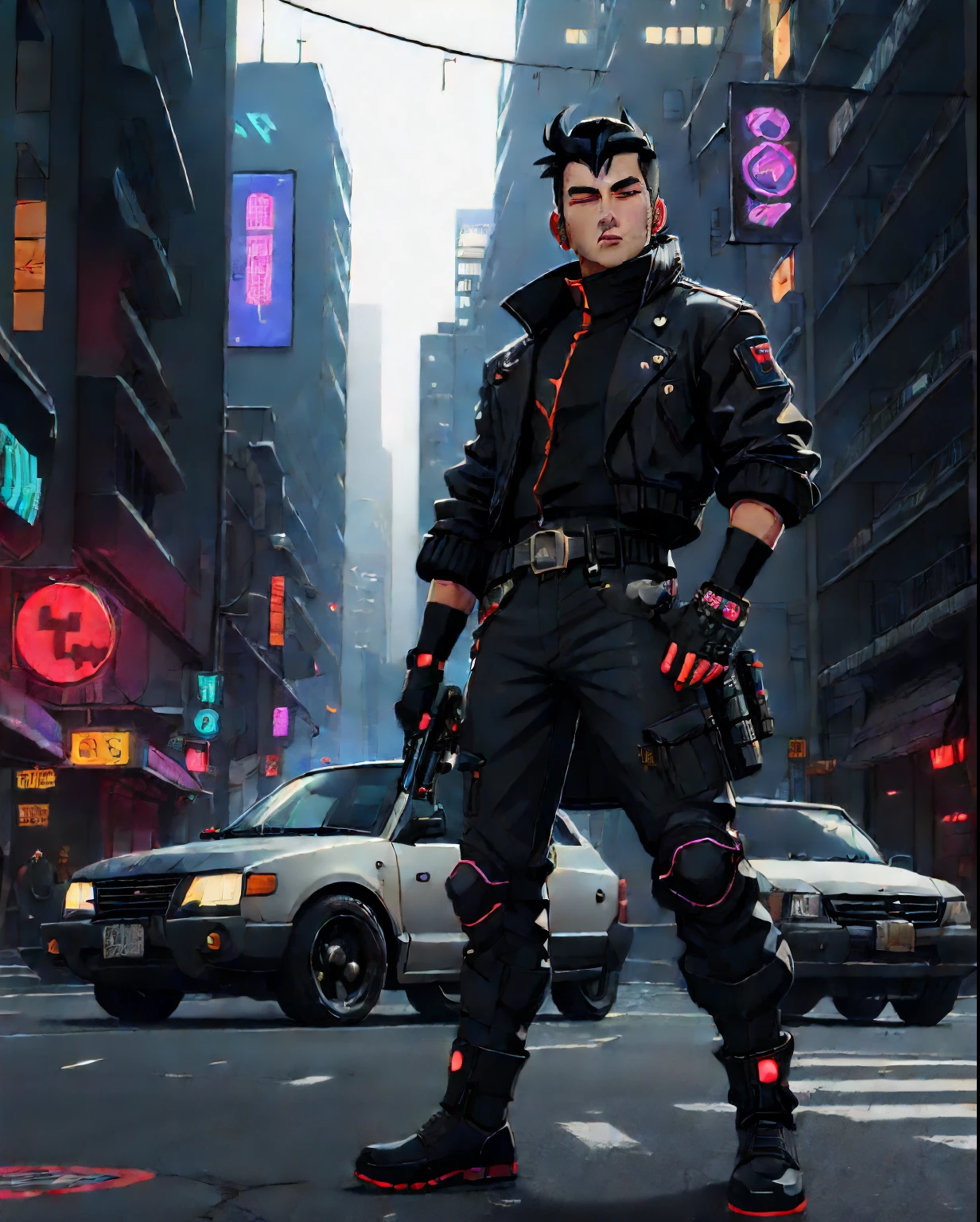 1boy, belt, Black Hair, building, Car, city, cyberpunked, Cyberpunk Style, fingerless gloves, gloves, ground vehicle, gun, holding, jacket, male focus, motor vehicle, outdoor, bara, stand, weapons