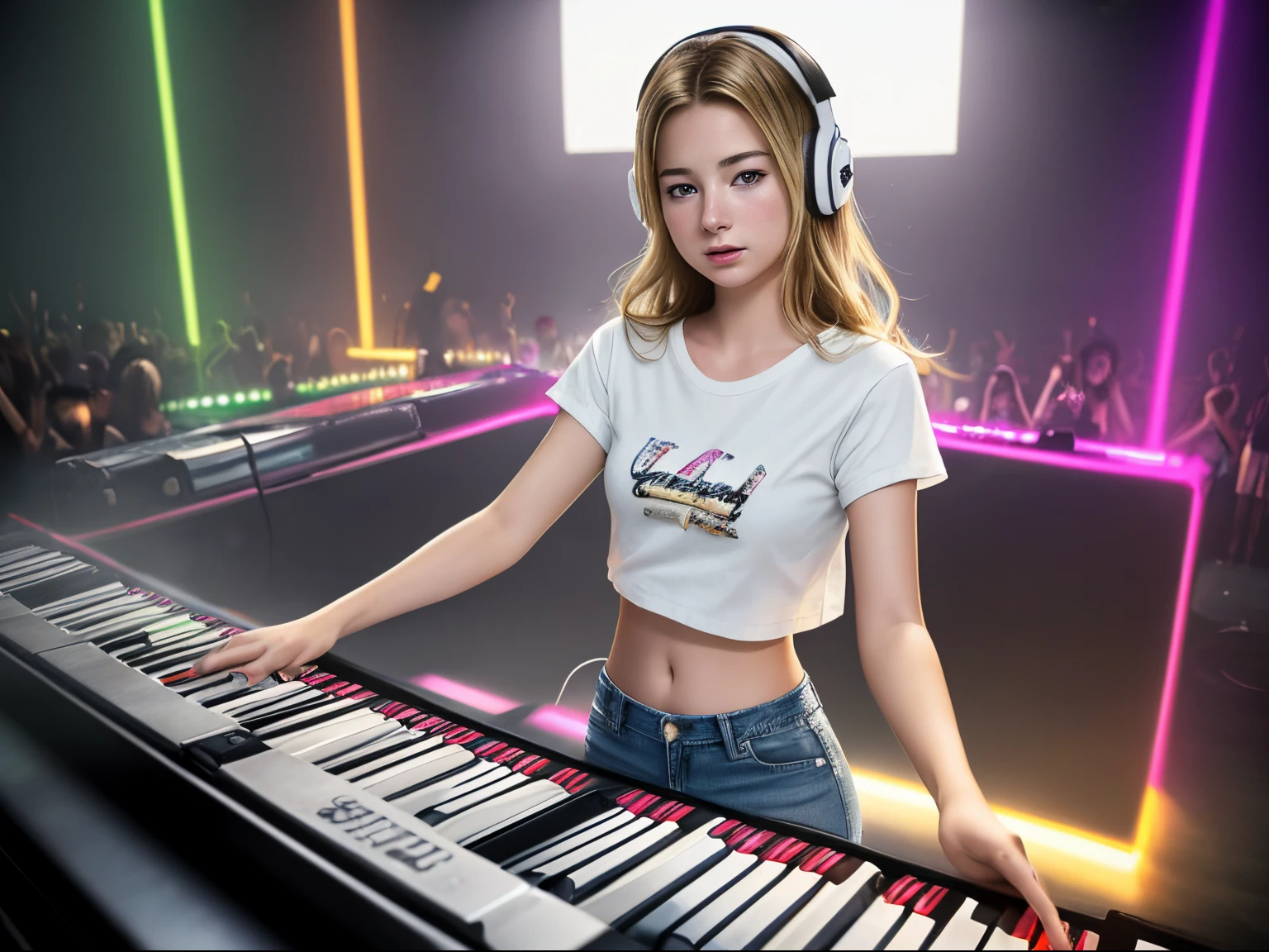 top quality 32k raw photo of 18-year-old Emily VanCamp wearing white T shirt and jeans skirt and headphone. navel look. she is on the disco stage playing keyboard. colorful lights,
