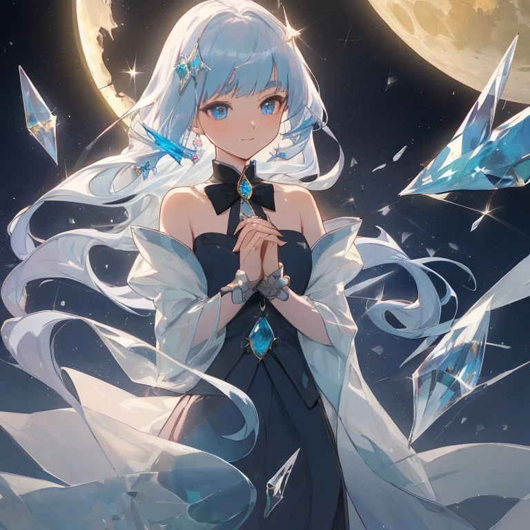 crystal texture hair,finely crystallized clothing,crystal blue gemstone gloves,extremely details CG,8k_wallpaper,beautiful detailed glass hair,A jewel sky with beautiful details,Floating feeling,Body Gemstones,solofocus,Ultra-fine,top-quality,masterpiece,illustratio,frilld,1人,独奏,dynamic ungle,big top sleeves,Smaller chest,bare shoulders,bowtie,Hair between the eyebrows,pleatedskirt,finely crystallized clothing,brilliance,broken gem,detailed glass shape clothes,White hair,Blue eyes,Beautiful eyes in every detail,Sea of Gems,illustratio,Bangs,Blue Moon,length hair,de pele branca,light leaks,moonlights,light smile,dishevled hair,,hands together/own hands together,Crystallization of clothes,Hands as clear as jewels,solofocus,Body Gemstones