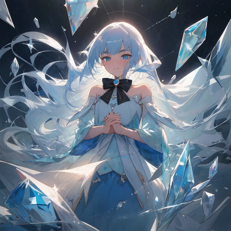 crystal texture hair,finely crystallized clothing,crystal blue gemstone gloves,extremely details CG,8k_wallpaper,beautiful detailed glass hair,A jewel sky with beautiful details,Floating feeling,Body Gemstones,solofocus,Ultra-fine,top-quality,​masterpiece,illustratio,frilld,女の子1人,独奏,dynamic ungle,big top sleeves,Smaller chest,bare shoulders​,bowtie,Hair between the eyebrows,pleatedskirt,finely crystallized clothing,brilliance,broken gem,detailed glass shape clothes,White hair,Blue eyes,Beautiful eyes in every detail,Sea of Gems,illustratio,Bangs,Blue Moon,length hair,de pele branca,light  leaks,moonlights,light smile,dishevled hair,,hands together/own hands together,Crystallization of clothes,Hands as clear as jewels,solofocus,Body Gemstones