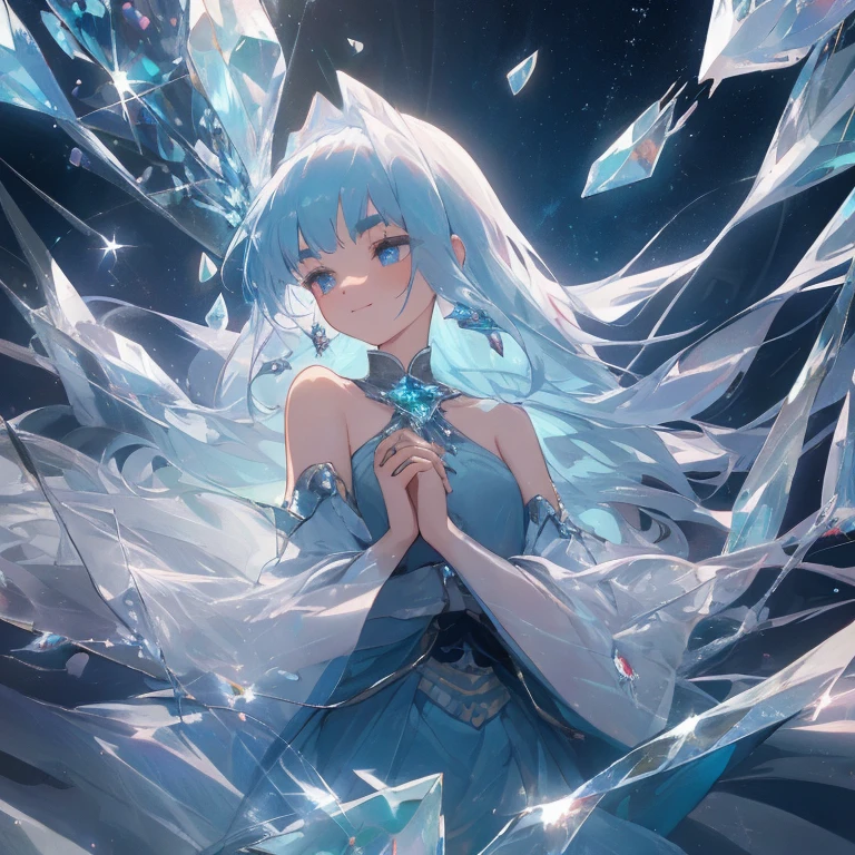 crystal texture hair,finely crystallized clothing,crystal blue gemstone gloves,extremely details CG,8k_wallpaper,beautiful detailed glass hair,A jewel sky with beautiful details,Floating feeling,Body Gemstones,solofocus,Ultra-fine,top-quality,masterpiece,illustratio,frilld,女の子1人,独奏,dynamic ungle,big top sleeves,Smaller chest,bare shoulders,bowtie,Hair between the eyebrows,pleatedskirt,finely crystallized clothing,brilliance,broken gem,detailed glass shape clothes,White hair,Blue eyes,Beautiful eyes in every detail,Sea of Gems,illustratio,Bangs,Blue Moon,length hair,de pele branca,light leaks,moonlights,light smile,dishevled hair,,hands together/own hands together,Crystallization of clothes,Hands as clear as jewels,solofocus,Body Gemstones