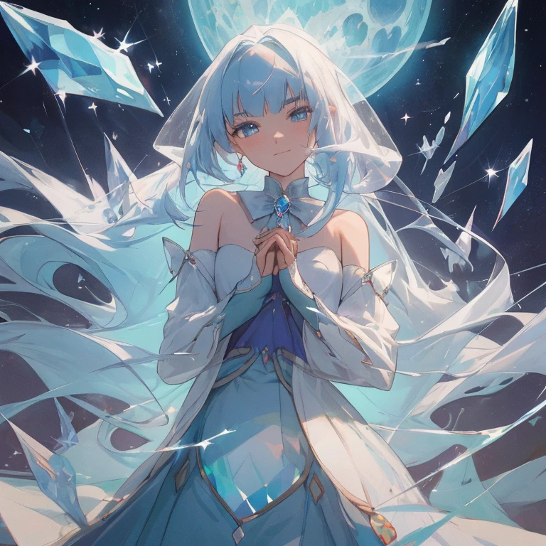 crystal texture hair,finely crystallized clothing,crystal blue gemstone gloves,extremely details CG,8k_wallpaper,beautiful detailed glass hair,A jewel sky with beautiful details,Floating feeling,Body Gemstones,solofocus,Ultra-fine,top-quality,​masterpiece,illustratio,frilld,1人,独奏,dynamic ungle,big top sleeves,Smaller chest,bare shoulders​,bowtie,Hair between the eyebrows,pleatedskirt,finely crystallized clothing,brilliance,broken gem,detailed glass shape clothes,White hair,Blue eyes,Beautiful eyes in every detail,Sea of Gems,illustratio,Bangs,Blue Moon,length hair,de pele branca,light  leaks,moonlights,light smile,dishevled hair,,hands together/own hands together,Crystallization of clothes,Hands as clear as jewels,solofocus,Body Gemstones