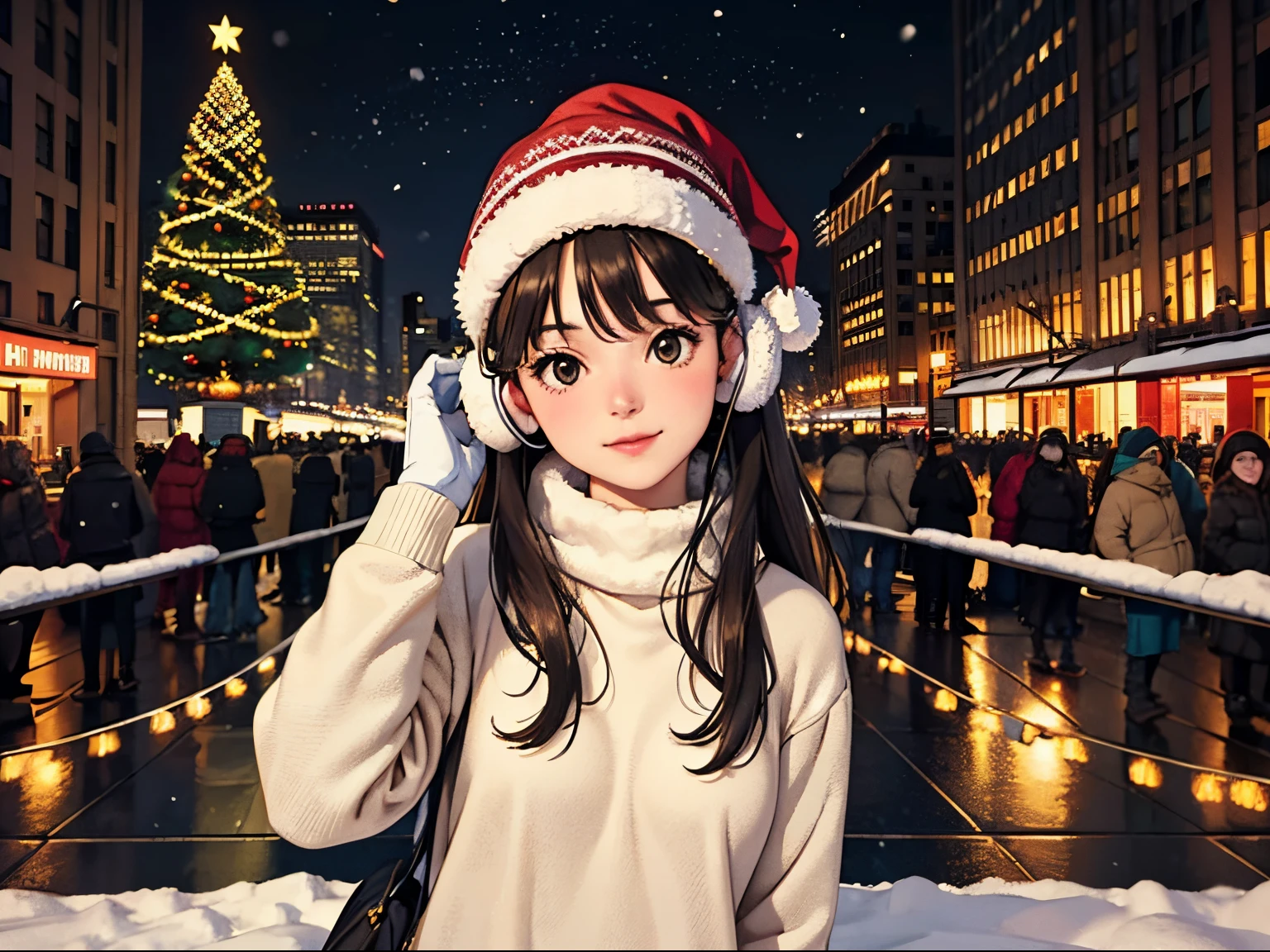 lofi happy brunette girl with headphones poses to selfie from analog camera in front of beautiful landscape New York Rockefeller Center with huge (Christmas trees). winter night, it's snowing a lot. lights. travel. tourist warm clothes, gloves, winter hat. long hair. cold breath, christmas sweater