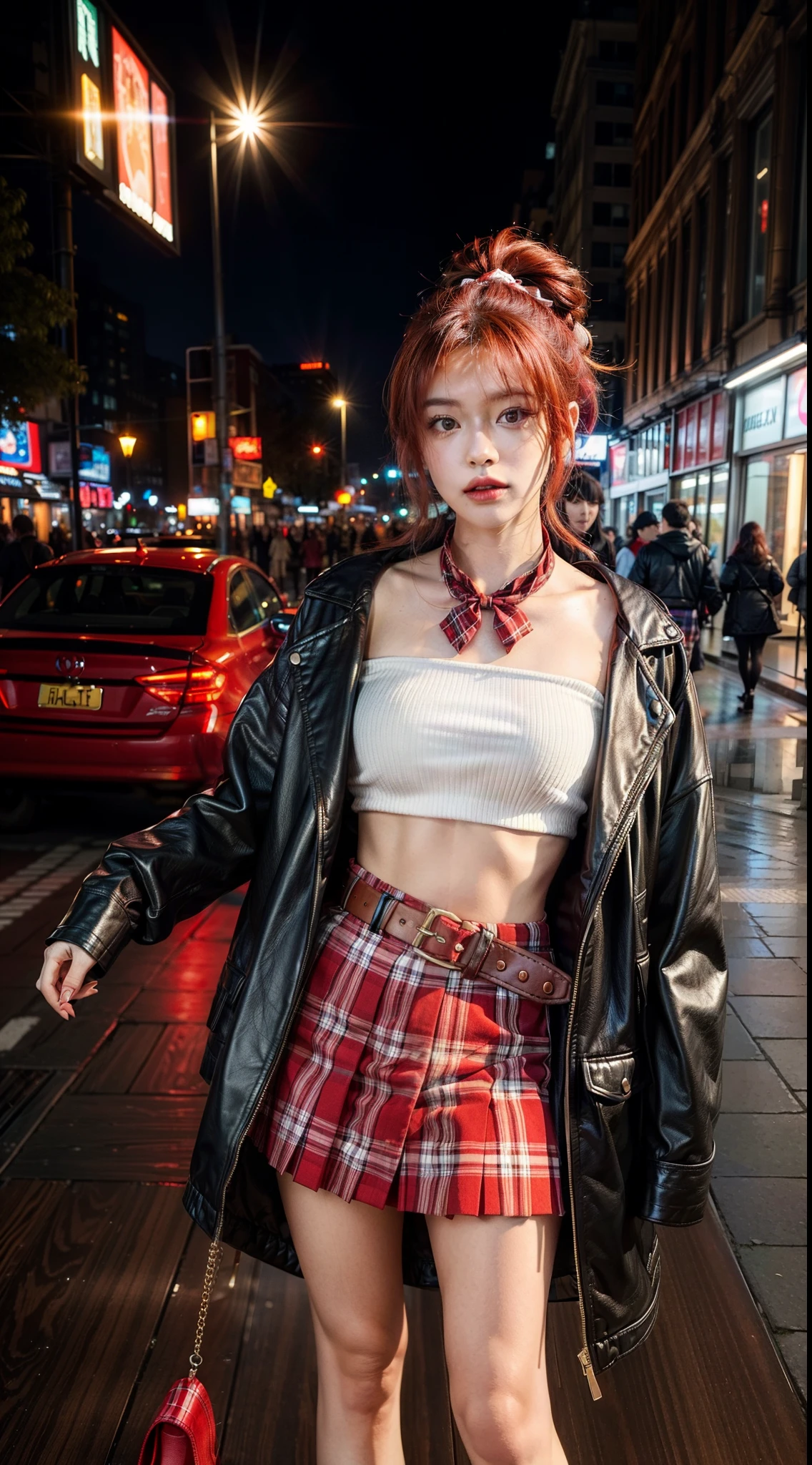 Y2k fashion, y2k outfit, vibrant night urban city scene, immersed in the vibrant atmosphere of a urban city. The urban city scene is alive, a lively urban city, and people having fun because urban city, capturing the spirit of urban city, urban city, and self-expression that defined the cyberpunk culture, midshot, centered image, ultra detail, extremely face detail, extremely eye detail, red tartan and white ripped crop top combine with ribbon, red tartan skirt, beautiful belt, very red hair, red ribbon on neck