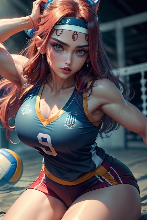 (Ela tem grandes olhos azuis brilhantes)(glossy and red lips) ((longos cabelos))(((franja longa esconde um olho)))((blue volleyball uniform:1.3)), (Seios muito enormes)), (roupa apertada), (long hair with a headband tied across the forehead), (perfect detailed hands), (Corpo fino perfeito) ((roupas apertada , muscular female, foto de corpo inteiro, (Olhando para o Viewer,)), (High definition, Volumetric lights and dynamic shadows)((master part))(8k)(rosto perfeito)(Ultra Detalhes) (perfect hands, olho, e rosto), dingy gym, volleyball court, voleibol