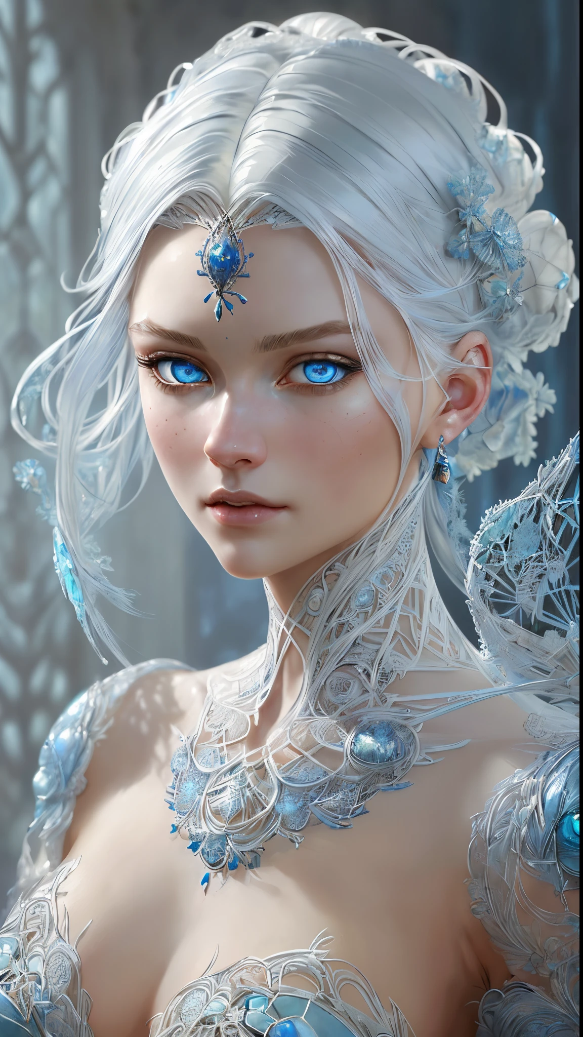 Portrait 8k; une voleuse jeune elfe de la nuit aux cheveux blanc à la peau bleu dans un temple portant une robe armure noire de voleuse, Mysterious, elegant, charmeuse, Very detailed, majestueuse, Digital photography, art painting surreal blue ray filigree, Broken glass, (masterpiece, side lighting, beautiful, finely detailed blue eyes: 1.2), HDR