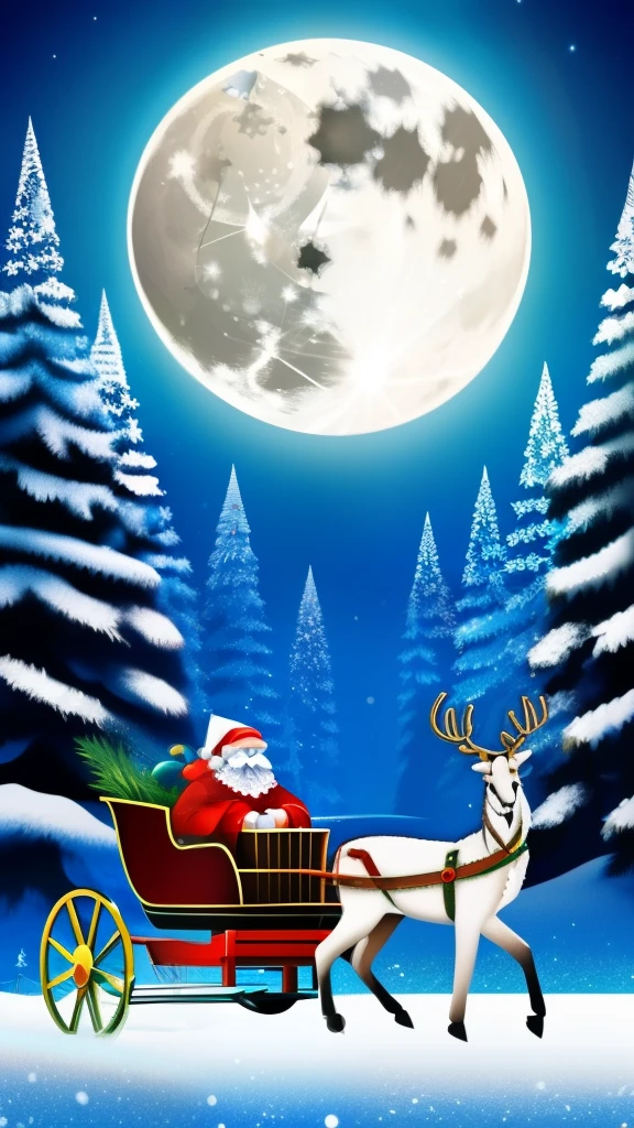 Christmas poster, lots of falling snowflakes, snow, Santa Claus running in the sky on a reindeer sleigh against a full moon, masterpiece, top quality, realistic, 8K