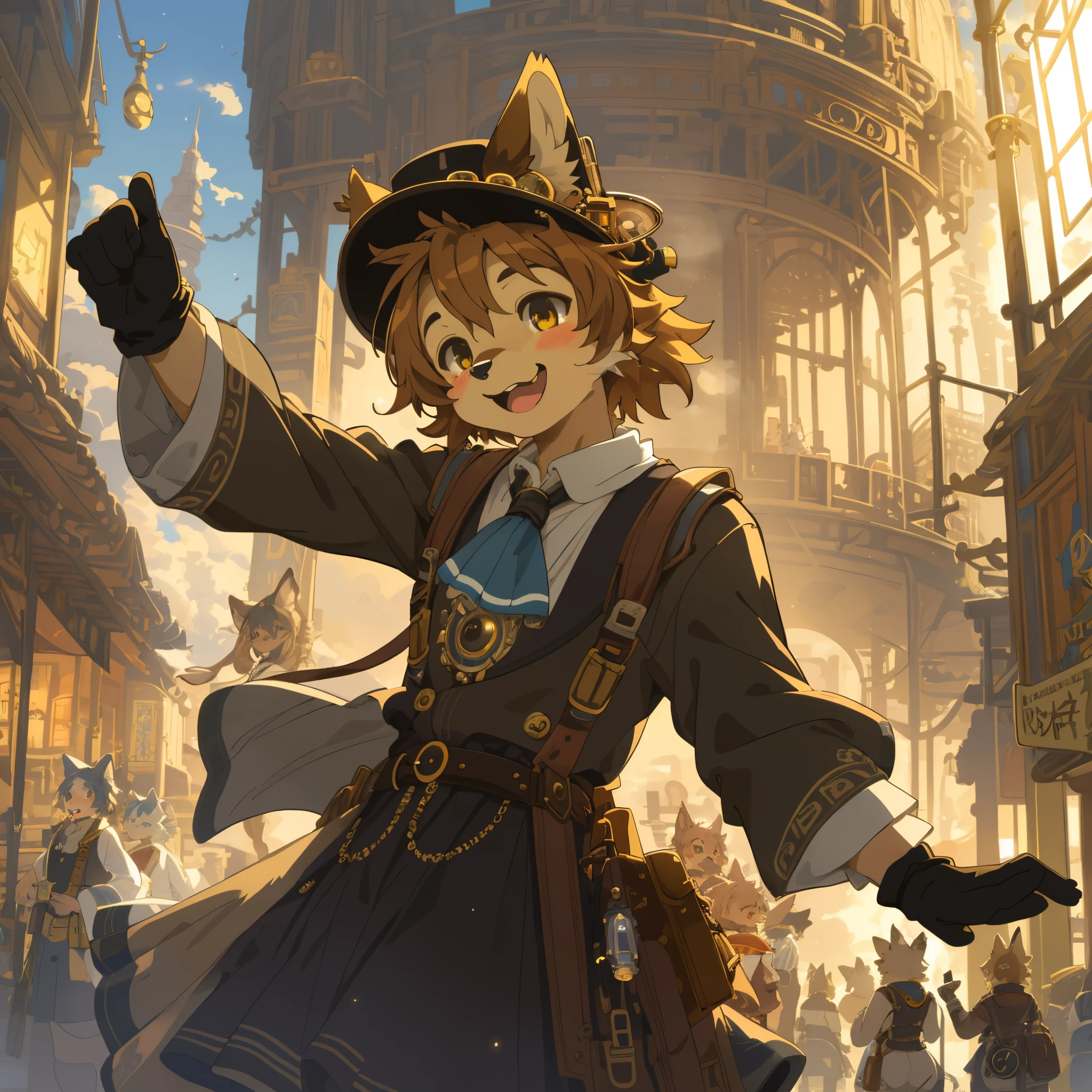 cover_page, highres, top quality, best quality, paid reward available, High-quality illustrations, unparalleled masterpiece, perfect artwork, absurdres, super high resolution, detailed background, Steam punk, Beautiful World Heritage, 6+boys, 6+girls, Happy, joyful(Photos of solo travelers)(kemono, furry anthro)cinematic lighting, dynamic angle,