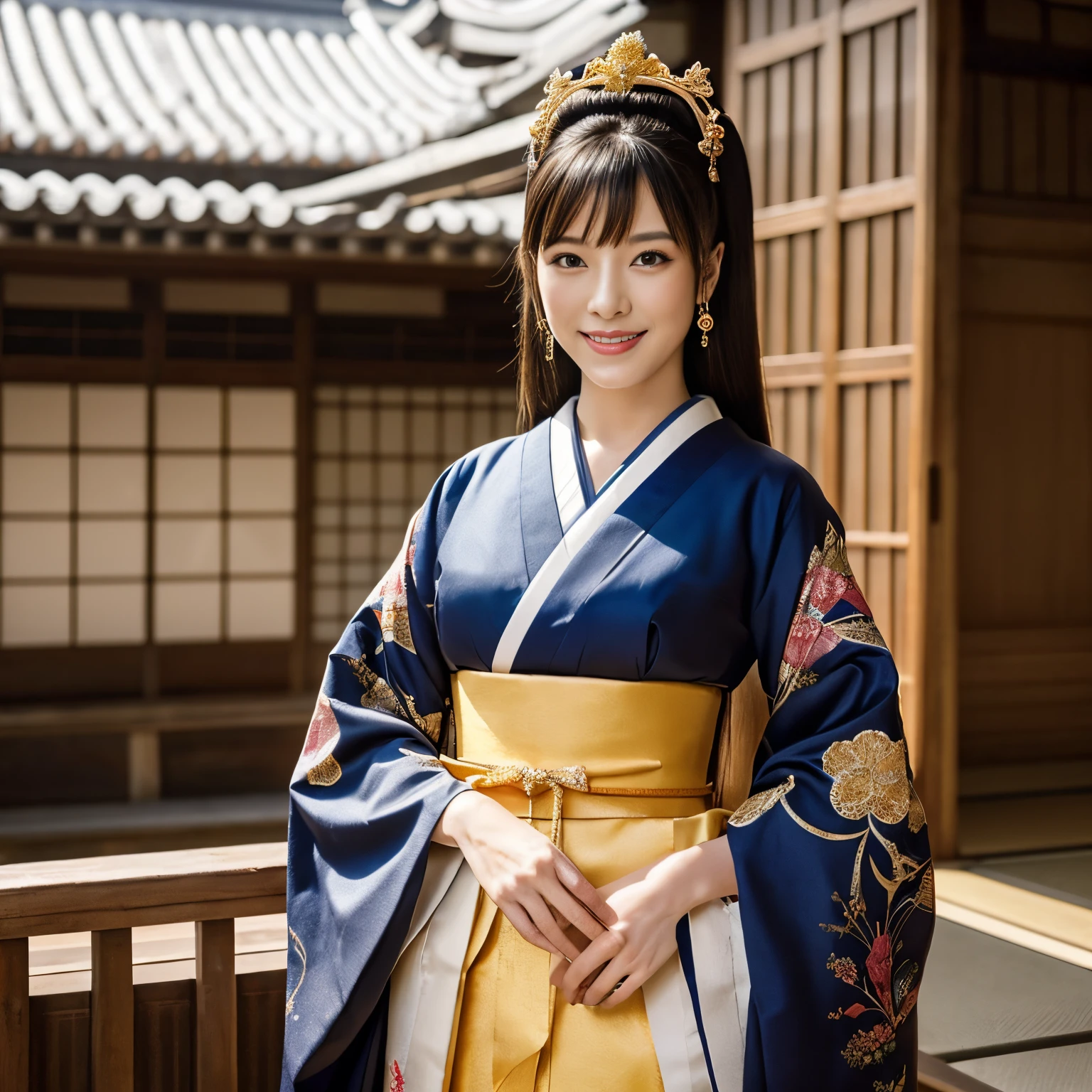 ((top-quality、masutepiece、8K、Top image quality))、Japanese princess of the Edo period、(Japanese princess of the Edo period:1.3)、(The most beautiful and intricate princess costumes:1.3)、(A perfect depiction of the gorgeous princess of the Edo period:1.3)、Complete Edo period Japanese atmosphere、View me、Elegant smile、the most beautiful princess、Princess upper body photo、(Perfectly recreates the atmosphere of Japan during the Edo period:1.2)、(Edo Shogunate:1.2)