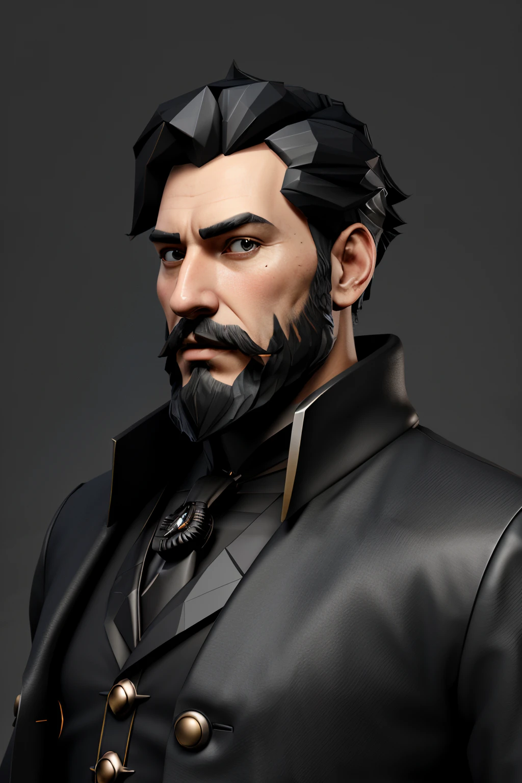 full profile of character of a black haired man, highly detailed character, Stylized palette, 3 d render stylized, character render, stylized 3d render, stylized as a 3d render, low poly character, steampunk Victorian style character, anime styled 3d, stylized character, Anime Stylization, Male protagonist, black beard, tall and thin, long coat